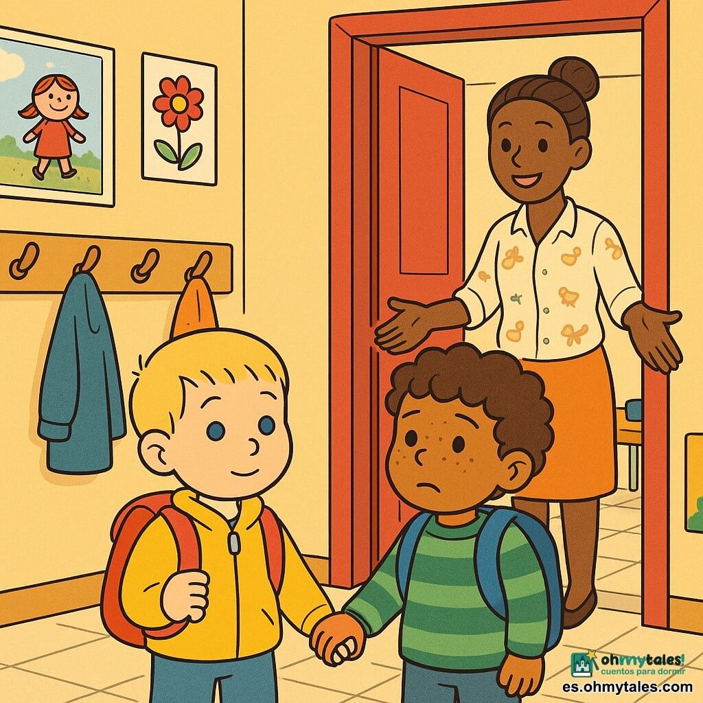 Tres personajes: Leo, niño de 3 años, pelo rubio corto, ojos azules, chaqueta amarilla y mochila roja, toma la mano izquierda de Nico y sonríe tímidamente mirando la puerta; Nico, niño de 3 años, pelo castaño rizado y pecas, jersey verde a rayas y mochila azul, a la derecha de Leo, algo inquieto pero seguro; la maestra Clara, 30 años, pelo castaño recogido, blusa clara con motivos de animales, sonriente y con las manos abiertas junto a la entrada. Escena: entrada colorida de una escuela infantil con puerta roja, percheros con abrigos y dibujos, suelo claro, carteles infantiles, luz cálida desde una ventana izquierda y una pequeña mesa con papel y lápices. Situación: los niños llegan de la mano ante la puerta, atmósfera dulce y reconfortante, Leo protector, Nico vacila pero se siente seguro, la maestra los invita a entrar; estilo de la imagen: líneas suaves, colores vivos y texturas tipo tiza.