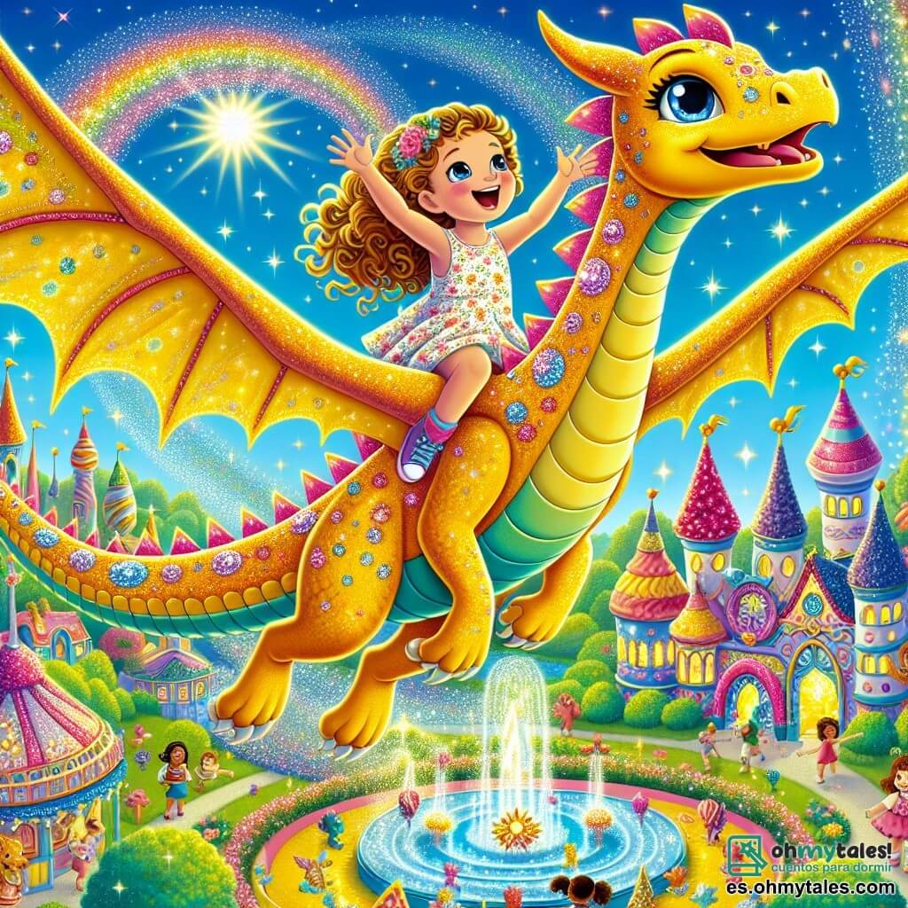 Un dragón mágico con escamas doradas y ojos azules brillantes, llamado Fuego, sobrevuela un parque colorido, su rostro radiante de alegría y emoción. Sus alas brillantes se despliegan majestuosamente mientras realiza una pirueta en el aire, dejando detrás una estela de purpurina brillante. A su lado, Lila, una niña de 8 años con cabello rizado y ojos chispeantes, sonríe con asombro. Lleva un vestido colorido adornado con motivos de flores y se sostiene firmemente en la espalda de Fuego, con los brazos en alto en señal de victoria, disfrutando de la sensación de volar. El escenario es un parque encantador de Brillolandia, con casas de colores vivos, árboles de caramelo y flores brillantes que bailan con la brisa. Los niños ríen y juegan en el suelo, admirando el espectáculo mágico que se desarrolla sobre ellos. La escena principal muestra a Fuego y Lila en pleno vuelo, celebrando su amistad y la magia de Brillolandia, mientras los niños abajo miran hacia arriba, maravillados por la belleza y la alegría de este momento mágico.