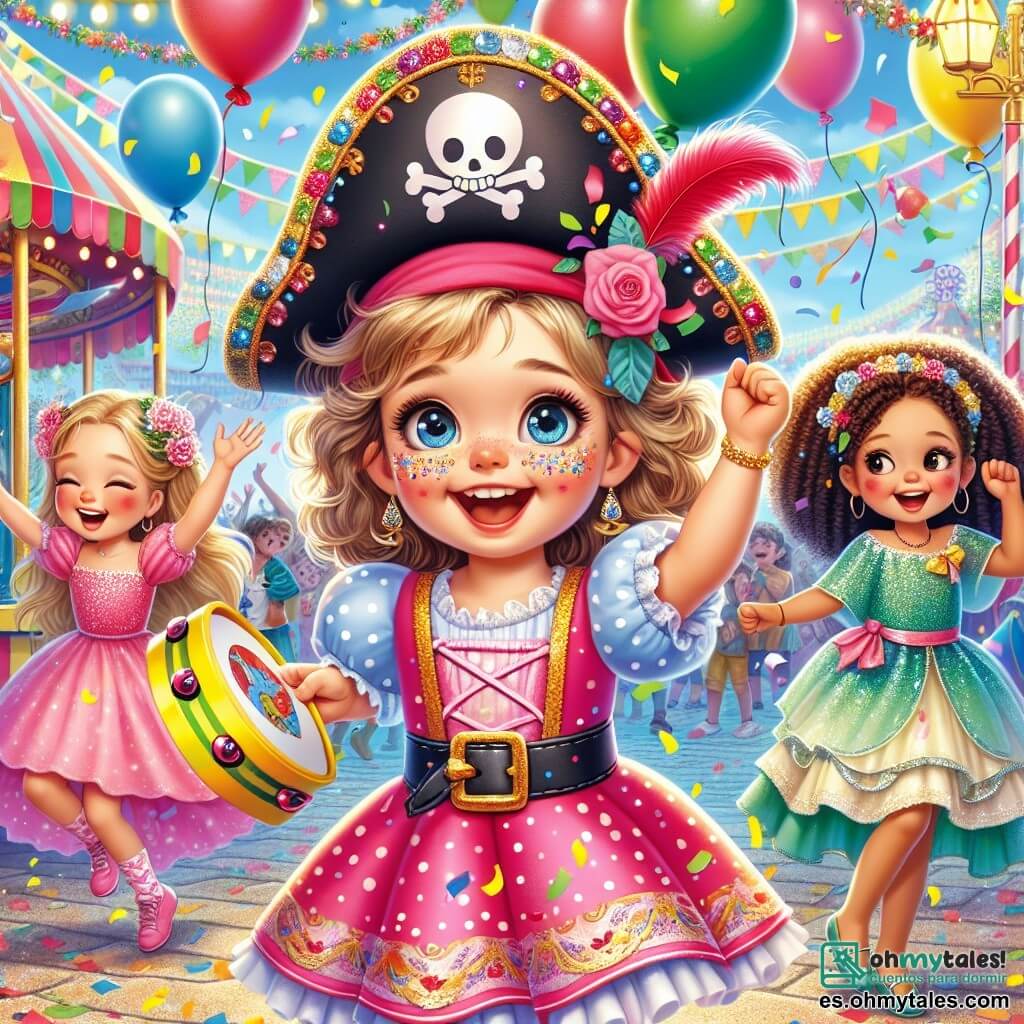 Un niño de 6 años, Lucas, con una gran sonrisa brillante y ojos chispeantes, lleva un disfraz de pirata de colores vivos, con un sombrero negro adornado con una pluma roja. Está bailando alegremente, levantando los brazos, rodeado de confeti colorido que cae a su alrededor. A su lado, Ana, una niña de 6 años con cabello rizado y un vestido rosa con lunares blancos, ríe mientras sostiene un pandero. Sofía, otra niña de 6 años con cabello largo y liso, lleva un disfraz de hada brillante y está haciendo piruetas, con sus alas brillantes capturando la luz del sol. La escena tiene lugar en una plaza animada, decorada con globos multicolores y con niños riendo y jugando. Los tres amigos buscan un tesoro escondido, con expresiones de alegría y emoción, listos para vivir una aventura inolvidable en el carnaval.
