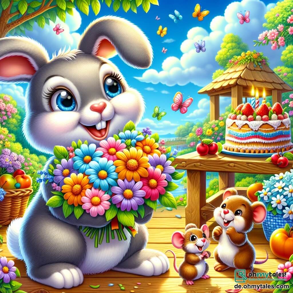 Ein kleiner Hase mit großen, glänzenden Augen und grauem Fell, voller Freude und Aufregung, hält einen wunderschönen bunten Blumenstrauß in seinen kleinen Pfoten. Neben ihm hüpft eine kleine Maus mit braunem Fell und runden Ohren, lächelnd und voller Enthusiasmus, und bewundert den Strauß. Im Hintergrund bereitet ein großer, brauner Bär mit einem warmen Lächeln einen köstlichen Kuchen auf einem Holztisch vor, umgeben von frischen Früchten und Blumen. Die Szene spielt in einem charmanten, sonnigen Garten, voller leuchtender Blumen und grüner Bäume, unter einem strahlend blauen Himmel mit sanft schwebenden weißen Wolken. Der Hase, die Maus und der Bär bereiten sich darauf vor, den Muttertag zu feiern, umgeben von einer Atmosphäre des Glücks und der Kameradschaft, bereit, einer liebevollen Mama ihre Geschenke zu überreichen.