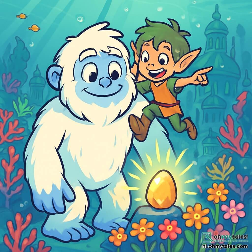 Een Yeti met witte haren als sneeuw, met grote ogen die glinsteren van nieuwsgierigheid en een zachte glimlach, staat aan de rand van een veld met heldere bloemen onder water. Hij kijkt naar een Levensteen, een fonkelende steen die pulst van licht, met een uitdrukking van verwondering en vastberadenheid. Naast hem springt een ondeugende elf genaamd Fizzel, een klein jongetje met rommelig groen haar en puntige oren, vrolijk op de schouder van de Yeti en wijst enthousiast naar de steen. De achtergrond is een prachtige onderwaterstad, gevuld met kleurrijke koralen, heldere vissen en stralen licht die door het water filteren, wat een magische en serene sfeer creëert. De hoofdscène toont de Yeti en Fizzel die de Levensteen ontdekken, een symbool van harmonie tussen de koninkrijken, terwijl ze zich voorbereiden om het mysterie rond deze magische steen op te lossen.