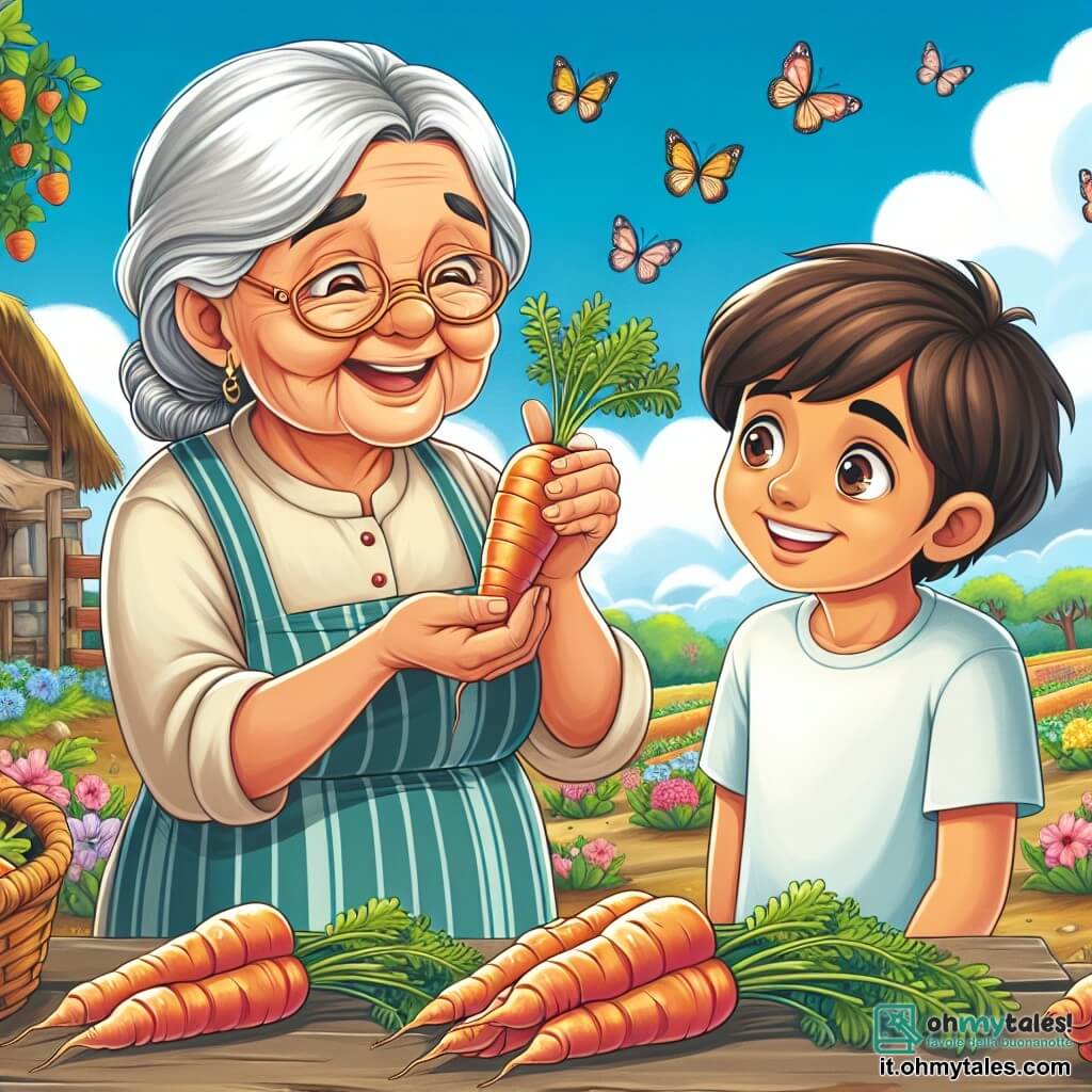 Una donna anziana, Nonna Rosa, si trova al centro della scena, con i capelli argentati raccolti e gli occhi scintillanti di gioia. Sorride calorosamente mentre tiene una carota fresca tra le mani, mostrando il suo orgoglio per il lavoro in fattoria. Accanto a lei, un ragazzo di nove anni, Luca, con i capelli castani disordinati e un sorriso radioso, la osserva con meraviglia, pronto ad imparare. Il contesto è una deliziosa fattoria in campagna, circondata da campi verdi e fiori colorati. Si vedono alberi da frutto sullo sfondo e il cielo è di un blu intenso, punteggiato da alcune nuvole bianche e soffici. La scena principale mostra Nonna Rosa che spiega a Luca come coltivare le carote, mentre sono circondati da verdure fresche disposte su un tavolo di legno rustico. Farfalle svolazzano attorno a loro, aggiungendo un tocco di magia a questo momento di apprendimento e condivisione.