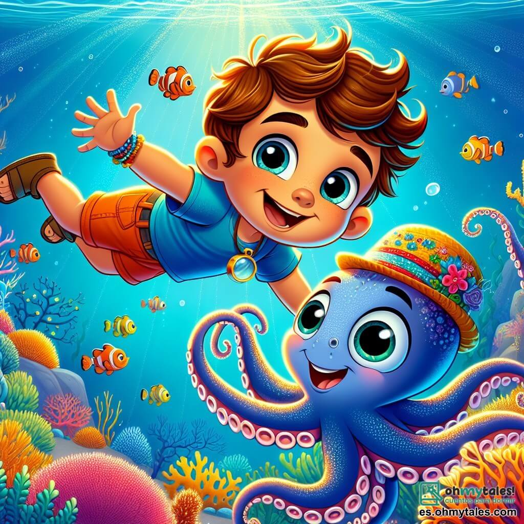 Un niño de 6 años, llamado Julián, con cabello castaño desordenado y ojos llenos de curiosidad, flota alegremente bajo el agua, con una gran sonrisa en su rostro. Lleva una camiseta azul y un pantalón corto naranja, y sostiene una pequeña lupa en su mano. A su lado, un pulposo Don Pulpo, un pulpo amistoso con un sombrero colorido, sonríe y hace gestos acogedores con sus tentáculos. Se encuentran en un reino submarino mágico, lleno de corales de colores brillantes, peces centelleantes y algas danzantes. La luz azul y dorada filtra a través del agua, creando un ambiente de ensueño. Julián y Don Pulpo exploran juntos este maravilloso mundo, asombrados por las maravillas que los rodean.