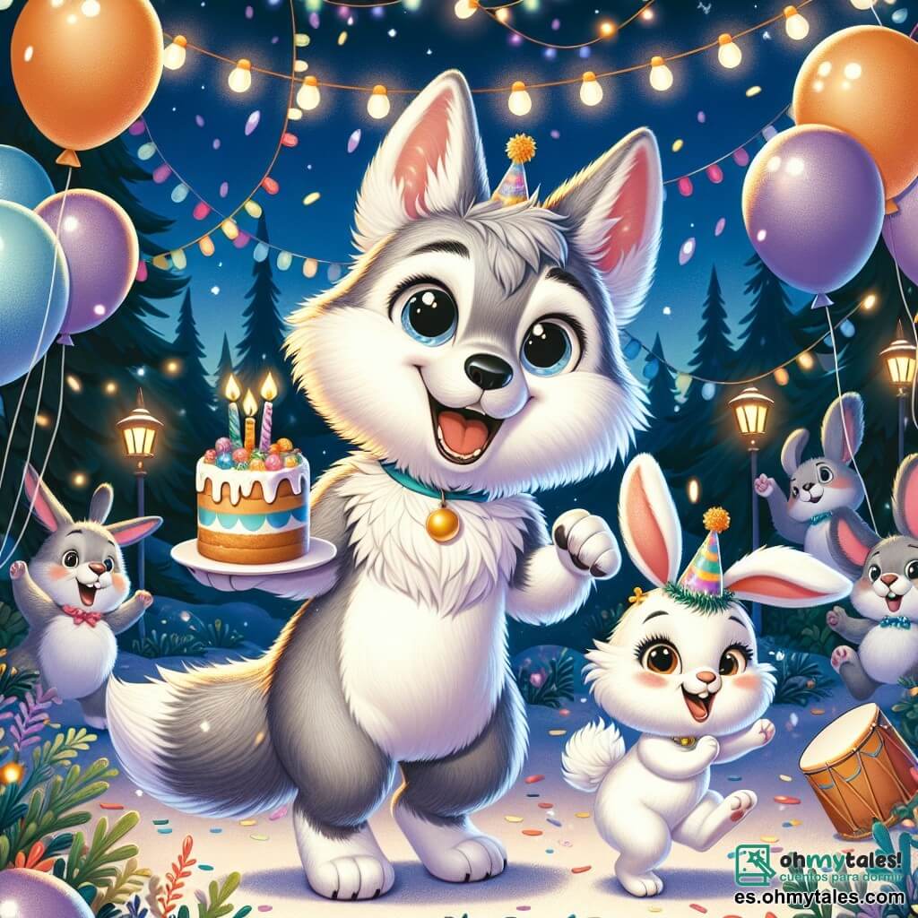 Un pequeño lobo llamado Lupi, con pelaje gris y ojos brillantes de alegría, baila en medio de una fiesta de Año Nuevo, rodeado de globos coloridos y guirnaldas luminosas. Sonriente, con las orejas erguidas, sostiene una galleta con sus patas delanteras. A su lado, su mejor amiga, una conejita llamada Lila, con pelaje blanco y grandes orejas, salta de alegría, sus ojos brillando de emoción. Lleva un pequeño sombrero de fiesta y sostiene un tambor, lista para hacer música. El escenario es un hermoso bosque nocturno, iluminado por faroles brillantes colgados de las ramas de los árboles, con copos de nieve cayendo suavemente a su alrededor, creando una atmósfera mágica. La escena muestra a Lupi y Lila celebrando juntos, rodeados de sus amigos animales, cantando y bailando bajo las estrellas, con risas y alegría en el aire, listos para dar la bienvenida al nuevo año.