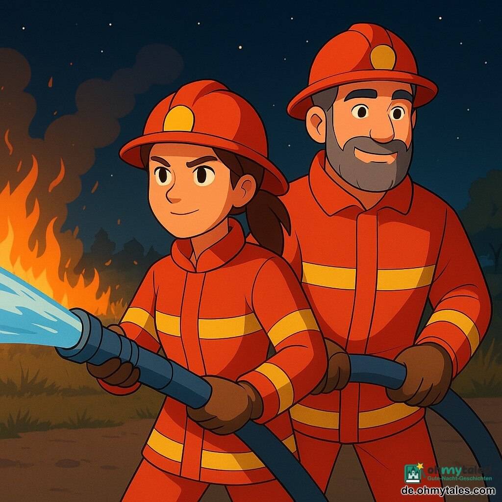 Eine junge Feuerwehrfrau, Lena, mit braunen Haaren im Pferdeschwanz, trägt eine rot-gelbe Feuerwehruniform. Sie hat einen entschlossenen und selbstbewussten Blick, während sie fest einen Feuerwehrschlauch hält, aus dem Wasser spritzt. Neben ihr hilft ein etwa 40-jähriger Feuerwehrmann, Tom, mit graumelierter Bart, den Schlauch zu lenken. Er trägt ebenfalls eine Feuerwehruniform und hat ein beruhigendes Lächeln. Im Hintergrund brennt ein Feld am Dorfrand, mit orange-roten Flammen, die in den Nachthimmel lodern. Der Himmel ist dunkel, mit Sternen übersät, und ein leichter Rauch steigt in die Luft. Die Szene zeigt die heldenhafte Aktion und Zusammenarbeit der Feuerwehrleute beim Löschen des Feuers.