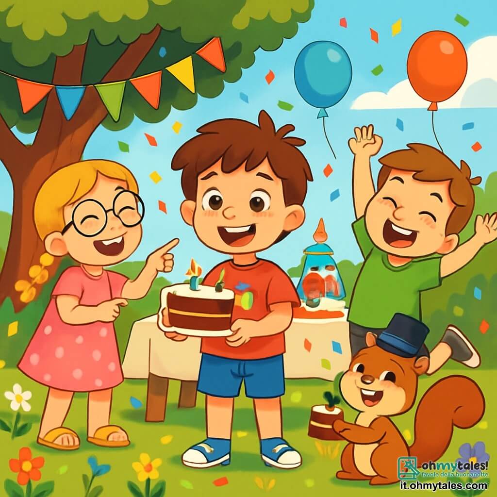 Ci sono 4 personaggi: Leo, un ragazzo di 8 anni con capelli castani disordinati e occhi brillanti, indossa una maglietta rossa con un supereroe e pantaloni corti blu, sorride al centro tenendo un pezzo di torta; Anna, una ragazza di 7 anni con capelli biondi intrecciati e occhiali rotondi, indossa un vestito rosa a pois e sandali gialli, ride a sinistra di Leo indicando la torta; Marco, un ragazzo di 8 anni con capelli castani e lentiggini, indossa una maglietta verde e pantaloni corti neri, salta di gioia a destra di Leo con le braccia alzate; Nocciolino, uno scoiattolo marrone con un cappello a cilindro nero, si trova davanti a Leo con un pezzo di torta nelle zampe e un grande sorriso. La scena è in un giardino soleggiato pieno di fiori colorati, palloncini e festoni, con un grande albero sullo sfondo e un tavolo decorato con dolci al centro. I personaggi stanno festeggiando il compleanno di Leo, circondati da risate e magia, con coriandoli colorati che cadono dal cielo.