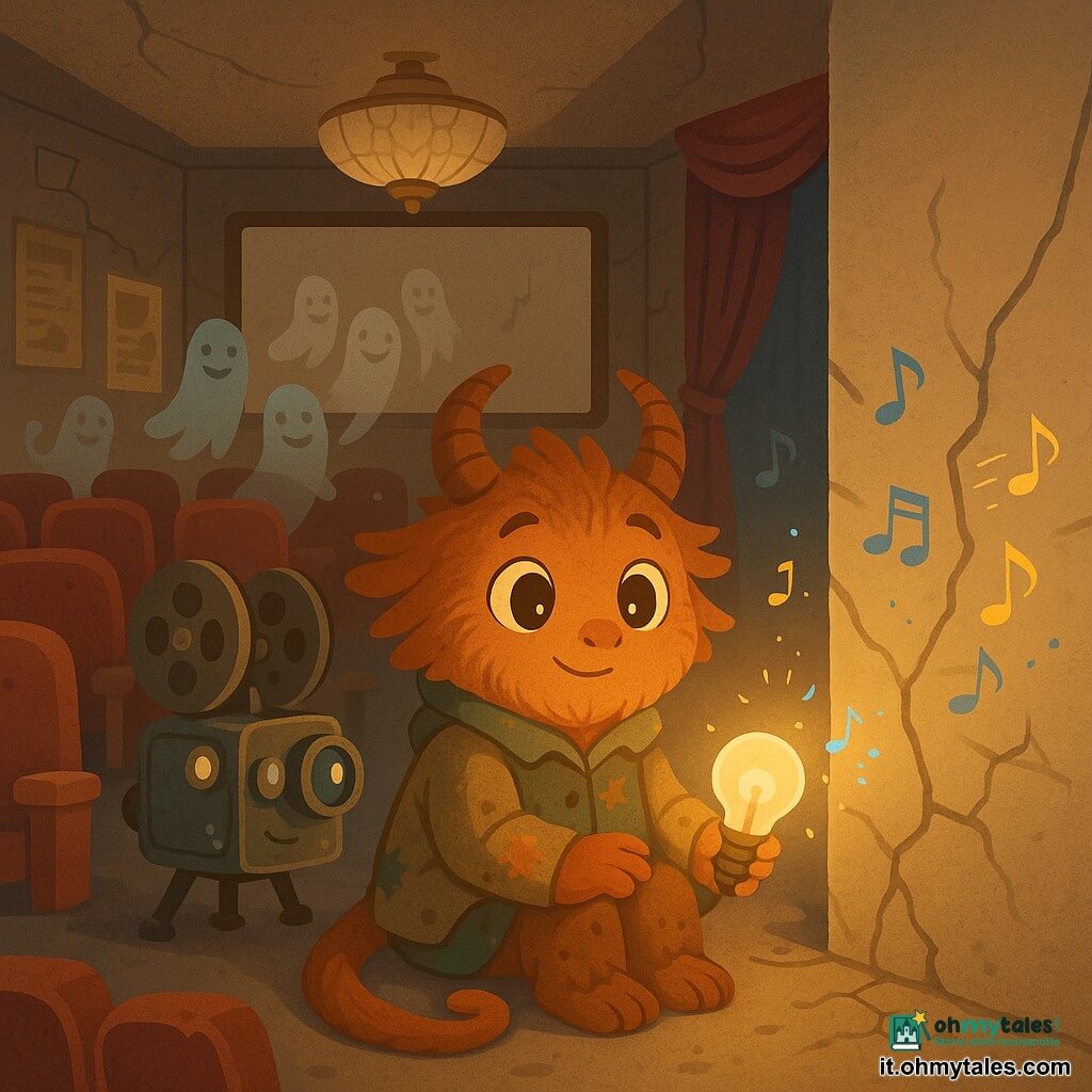 Una creatura peluche antropomorfa (Lumo) seduta al centro di un vecchio cinema abbandonato, volto sereno, occhi grandi color rame, pelliccia ramata con piccole corna a spirale e coda a punto interrogativo avvolta intorno ai piedi, tiene una piccola lampadina opalina che diffonde una luce miele; indossa una giacca di stoffa consumata con tracce di polvere, postura tonda e protettiva, guarda un muro crepato da cui esce un sottile nastro d'ombra che si ritrae davanti alla luce. Dietro di lui un vecchio proiettore antropomorfo in metallo patinato osserva con lente che lampeggiano e spruzza piccole scintille amichevoli; sullo sfondo poche sagome d'ombra amichevoli, traslucide e sorridenti, fluttuano sopra le poltrone rosse logore. Interno: file di poltrone rosse sfilacciate, schermo polveroso, tendone di velluto bordeaux spostato, grande lampadario di vetro crepato e poster ingialliti; dietro lo schermo una porta murata incrinata emette sottili linee di luce blu pallido. Situazione: Lumo appoggia la lampada al muro crepato e la luce miele trasforma il nastro d'ombra in piccole note sonore colorate che si placano; atmosfera magica e rassicurante, colori caldi con tocchi di blu elettrico, stile vettoriale pulito, forme semplici e contorni morbidi ad alta leggibilità per bambini.