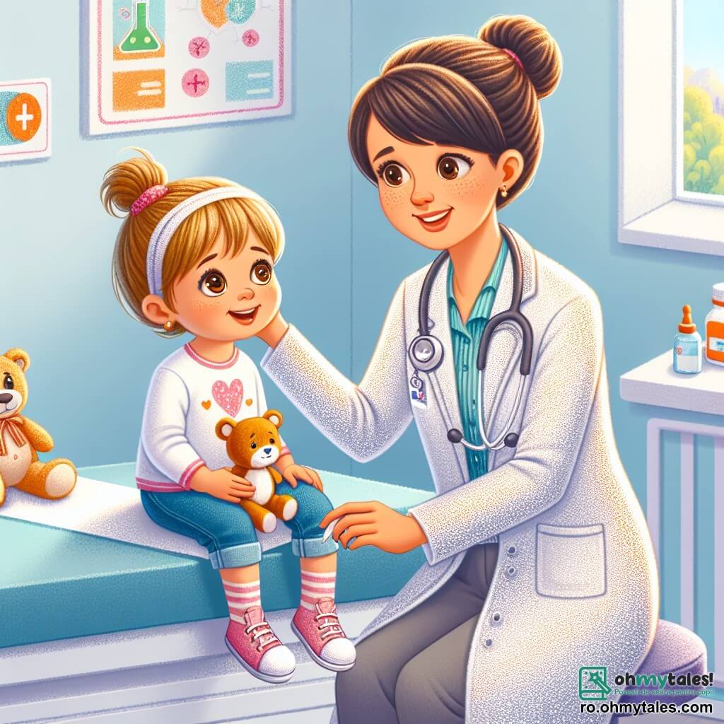 O doctoriță zâmbitoare, Maria, o femeie de aproximativ treize ani cu părul brun prins într-un coc, poartă un halat alb strălucitor și un stetoscop la gât. Ea se apleacă cu bunătate spre o fetiță, Ana, o fetiță de 6 ani cu părul blond și ochi strălucitori, care stă așezată pe o masă de consultație, având un aer puțin îngrijorat dar zâmbitor. Locul este o cameră de consultație luminoasă, decorată cu postere colorate despre sănătate și jucării de pluș, cu pereți vopsiți în albastru deschis și feronieră care lasă să intre lumina soarelui. Maria o examinează cu atenție pe Ana, luându-i temperatura cu un termometru, în timp ce Ana ține un mic ursuleț de pluș în brațe, simțindu-se liniștită de prezența doctoriței.