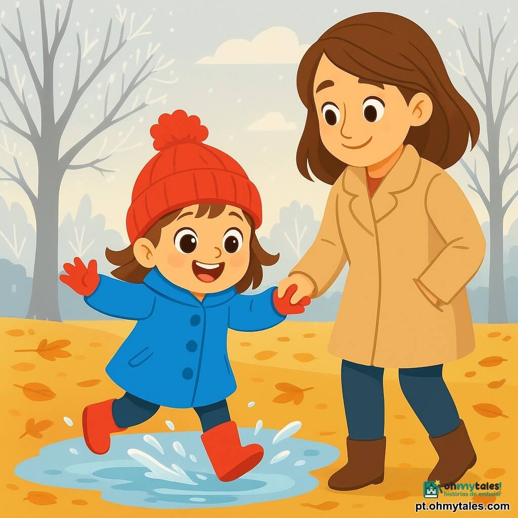 Uma menina de 4 anos, com grandes olhos brilhantes e um sorriso radiante, veste um casaco azul vivo e um gorro vermelho com um pompom. Ela pula alegremente em uma poça de água congelada, suas botas de borracha espirrando água. Ao seu lado, sua mãe, uma mulher de cerca de trinta anos com cabelos castanhos e um casaco quente de lã bege, sorri ternamente enquanto segura a mão da filha, compartilhando um momento de felicidade. O cenário é um jardim de inverno, com árvores nuas e ramos cobertos de geada, e o chão coberto de folhas secas. O céu é cinza suave, com alguns raios de sol atravessando as nuvens, iluminando a cena com uma luz acolhedora. A situação principal mostra a menina encantada com o frio do inverno, rindo e brincando, enquanto sua mãe a observa com carinho, criando uma atmosfera de alegria e cumplicidade.