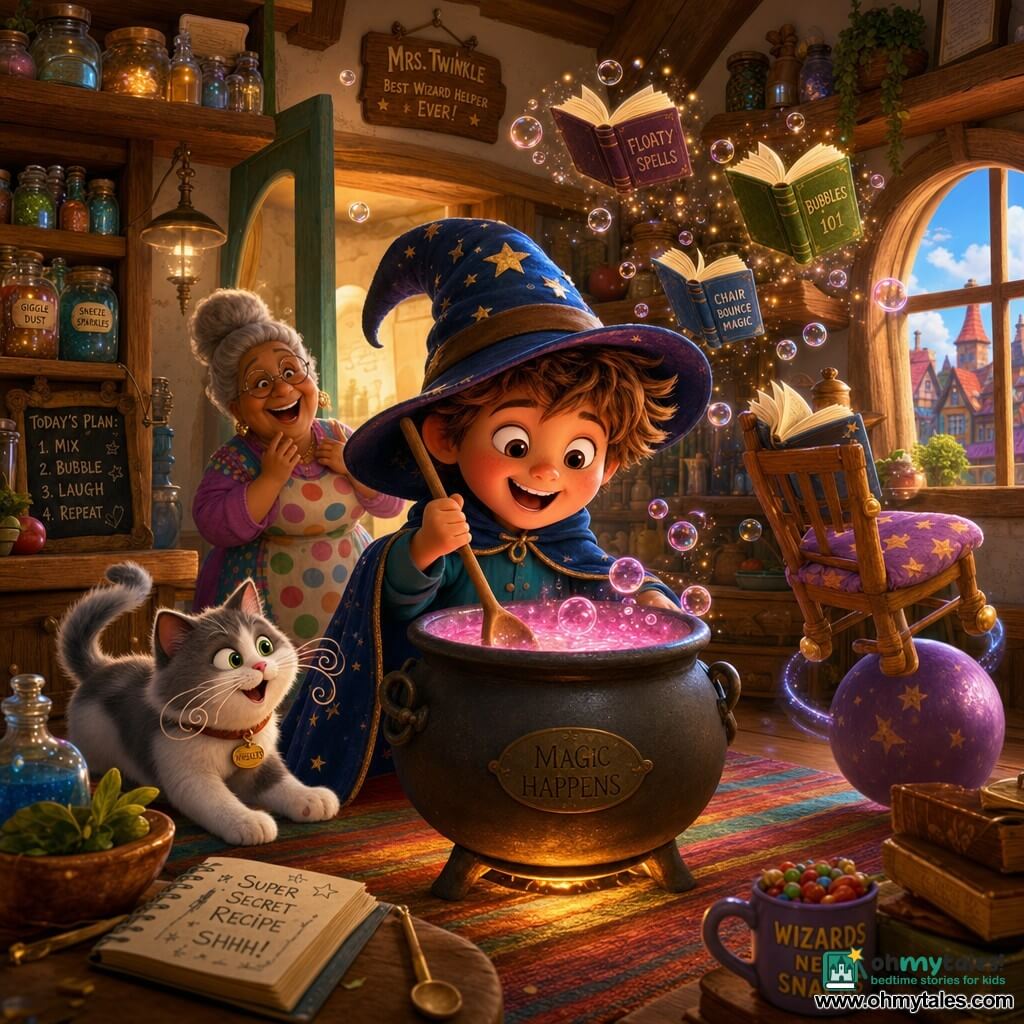 A 4-year-old apprentice wizard boy with a round, chubby face and tousled light-brown hair, wearing an oversized pointed hat and a starry blue cape, grinning mischievously as he stirs a smoking cauldron with a wooden spoon that casts a pink glow on his face, a fluffy cat named Whiskers, white and gray with spiral whiskers, sitting nearby ready to pounce, Mrs. Twinkle, about 70 with gray hair in a bun and a colorful polka-dot dress, laughing from a doorway, in a cozy bright kitchen with wooden shelves of shiny jars, an open window to colorful village houses, a striped rug and a bouncing chair; the fizzing pink potion makes books dance and the chair bounce, creating a magical, playful scene with vivid colors, sparkling lights and floating bubbles.