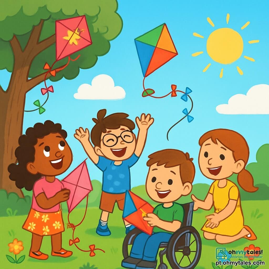 Há 4 crianças: - Lila: uma menina de 8 anos com cabelos cacheados e um grande sorriso. Ela usa uma camiseta rosa e uma saia florida, segurando uma pipa rosa brilhante e olhando para o céu com admiração. - João: um menino de 7 anos com cabelos castanhos bagunçados e óculos. Ele veste uma camiseta azul com bolinhas e shorts, rindo com os braços levantados, pronto para soltar sua pipa colorida. - Nina: uma menina de 8 anos com cabelos longos e lisos presos em um rabo de cavalo. Ela usa um vestido amarelo e sandálias, sentada na grama, contando uma história com um grande sorriso, cercada por seus amigos. - Pedro: um menino de 9 anos com cabelos curtos e um olhar brilhante. Ele está em sua cadeira de rodas, vestido com uma camiseta verde e jeans, desenhando estrelas em sua pipa com grande concentração, cercado por seus amigos. O local é um parque ensolarado, com grandes árvores verdes, flores coloridas e um céu azul brilhante. A grama é verde vibrante e as crianças estão sentadas em círculo, cercadas por suas pipas que voam alto no céu. A situação principal mostra as crianças soltando suas pipas juntas, rindo e se divertindo, enquanto a pipa de Pedro está presa em um galho. Os amigos se dão as mãos, prontos para ajudar, com expressões alegres e determinadas em seus rostos.