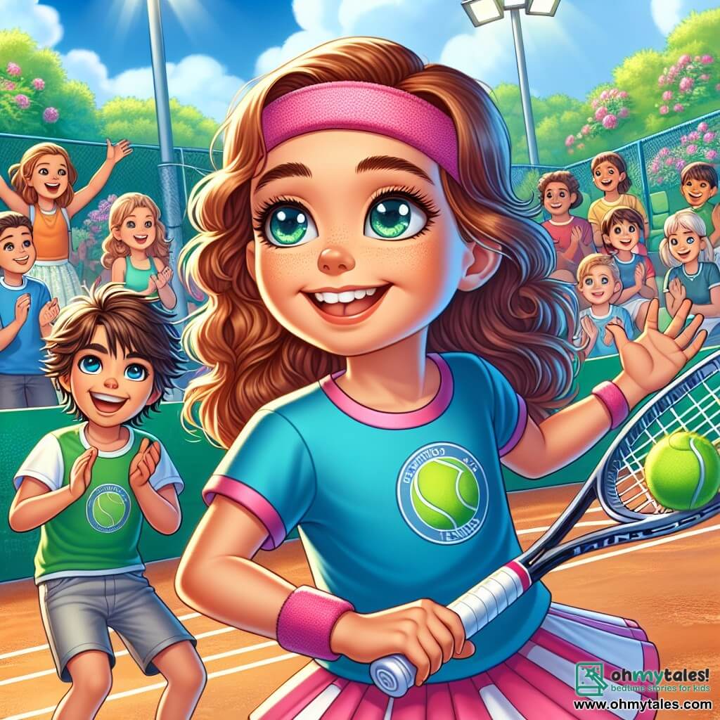 A 10-year-old girl, Sophie, with curly brown hair, wears a pink headband and a blue t-shirt with a tennis logo. She has a big smile on her face, her eyes sparkling with determination as she prepares to serve a tennis ball on the court. Next to her, her best friend Mia, also 10, has braided blonde hair and is wearing a colorful tennis skirt. She is enthusiastically cheering for Sophie. A 10-year-old boy, Jake, stands a bit back with messy brown hair and a green t-shirt, holding his tennis racket confidently, ready to play. The setting is a clay tennis court surrounded by greenery, with flowering trees and a bright blue sky. Spectators are seated in the stands, applauding the energy of the young players. The main scene shows Sophie focused and ready to serve, while Mia and Jake cheer her on, creating an atmosphere of camaraderie and excitement.