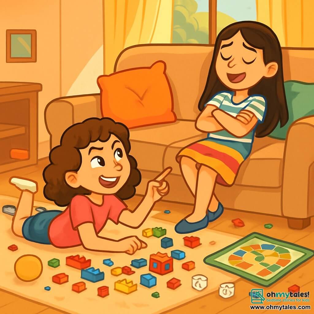 There are 2 main characters: Ruby, an 11-year-old girl with curly brown hair, wearing a pink t-shirt and denim shorts, lying on the floor surrounded by LEGO, smiling mischievously; and Zoe, a 12-year-old girl with long straight hair, wearing a striped shirt and a colorful skirt, sitting on the couch with her arms crossed, pretending to be exasperated while smiling. The setting is a warm family living room with a large comfy couch, scattered cushions, a soft rug, and sunlight filtering through the curtains. Toys are scattered on the floor, and a board game is overturned next to them. The main situation shows Ruby, looking determined, giving orders to Zoe, who pretends to lament and act like a little sister. The two girls are enjoying a joyful moment together, surrounded by chaos and laughter, illustrating their playful role exchange.