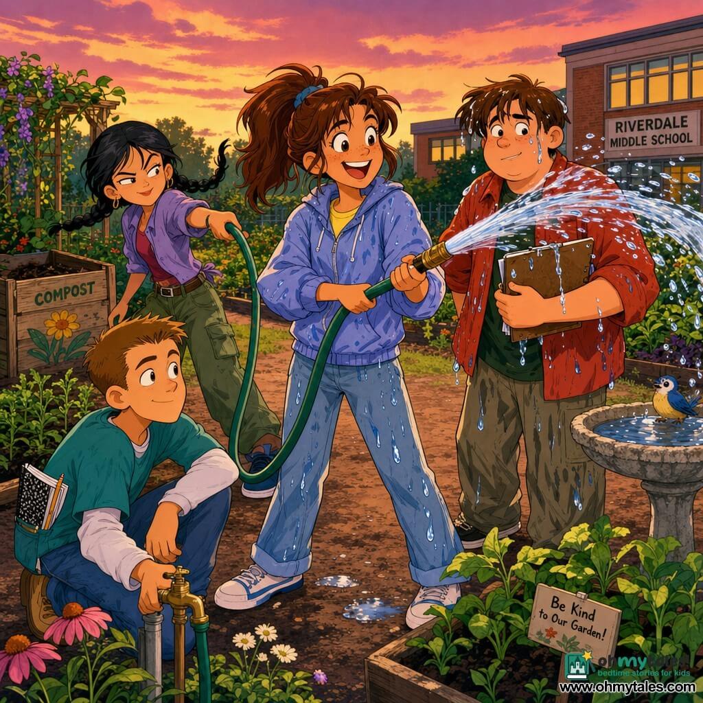 A radiant, soaked 12-year-old girl, Mina, hair in a messy ponytail, grinning with sparkling eyes, gently pulling a garden-hose handle to tame a high, arching jet of water as four kids laugh and work together; to her right Leo, about 12, round-faced with wet brown hair and a slightly embarrassed proud look, holds a soaked clipboard; slightly behind left Tess, about 12, with braided black hair and a mischievous grin, points the hose; in the foreground left Jay, about 12, with short neat hair, kneels by the faucet examining the handle with a quiet smile; the scene is a bright school garden at dusk with brown dirt paths, green flowerbeds, terracotta pots, a wooden composter and a small stone birdbath, warm evening light, saturated colors, sharp outlines, joyful atmosphere, 1990s cartoon style, dynamic composition centered on Mina.