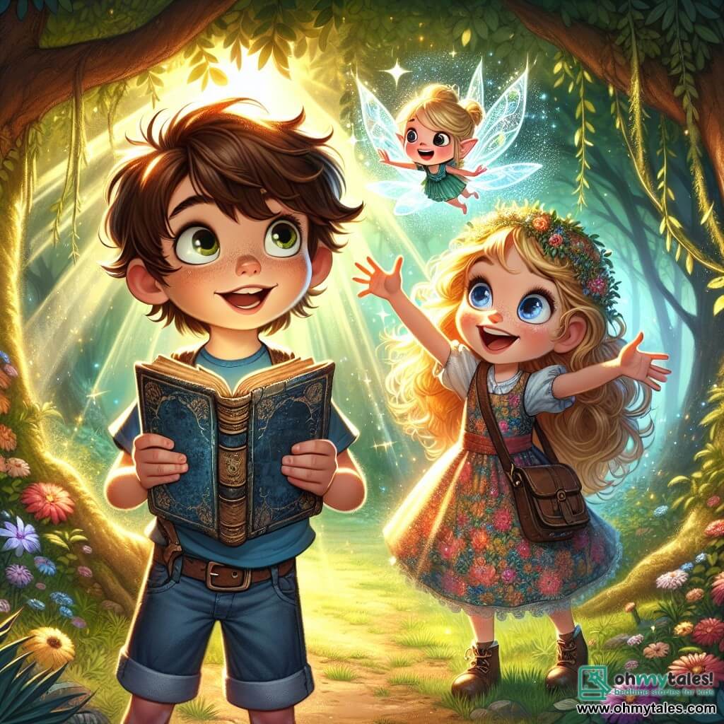 A 10-year-old boy named Oliver stands center stage, with messy brown hair and curious, bright eyes. He wears a blue t-shirt and denim shorts, holding an old, worn book in his hands, his face lit up with excitement and wonder. Beside him is his best friend Clara, a 10-year-old girl with curly golden hair, smiling enthusiastically in a colorful floral dress. She points to the sky, where glimmers of light surround a small pixie named Tilly, who joyfully flits above them. The scene is set in an enchanted clearing surrounded by majestic trees with vibrant green leaves, where colorful flowers blanket the ground. Sunlight filters through the branches, creating a magical and bright atmosphere. The main situation shows Oliver and Clara, amazed, talking to Tilly, the pixie, who has just promised to help restore the magic of the city's lights, while sparks of magic dance around them, illuminating the scene with a fairy-like glow.