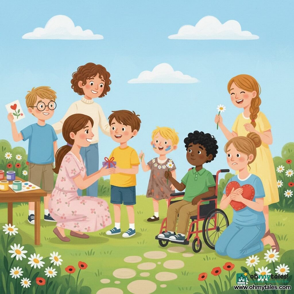Eight characters: Max, 10, brown short hair, big smile, yellow T‑shirt, standing center-left offering a small gift box to his mother; Leo, 11, light brown hair, round glasses, blue shirt, standing left holding a painted card proudly with his mother behind him (cream sweater, short curly hair, hand on his shoulder); Oliver, 10, curly black hair, in a red wheelchair, green polo, seated front-right showing a heart-shaped cushion he sewed with his kneeling mother beside him (light blue T‑shirt, hair in a bun) holding the cushion, moved; Sam, 7, blond hair, paint on his cheeks, slightly messy dress, wearing a small flower garland, standing between Max and Oliver singing, with his mother at right (light yellow dress, braided hair) laughing and holding a daisy he gave her; Max’s mother, 35, pale pink floral dress, long tied hair, crouched in front of Max smiling and receiving the box. Setting: sunny garden with short green lawn, colorful flowerbeds (daisies, poppies), a light stone path, a wooden table with jars of paint and paper, pale blue sky with a few fluffy clouds. Main scene: children giving handmade gifts to their mothers under bright sky, warm, joyful expressions and affectionate gestures, vivid colors, visible acrylic textures, soft brushstrokes and slightly rounded outlines for a childlike, welcoming look.