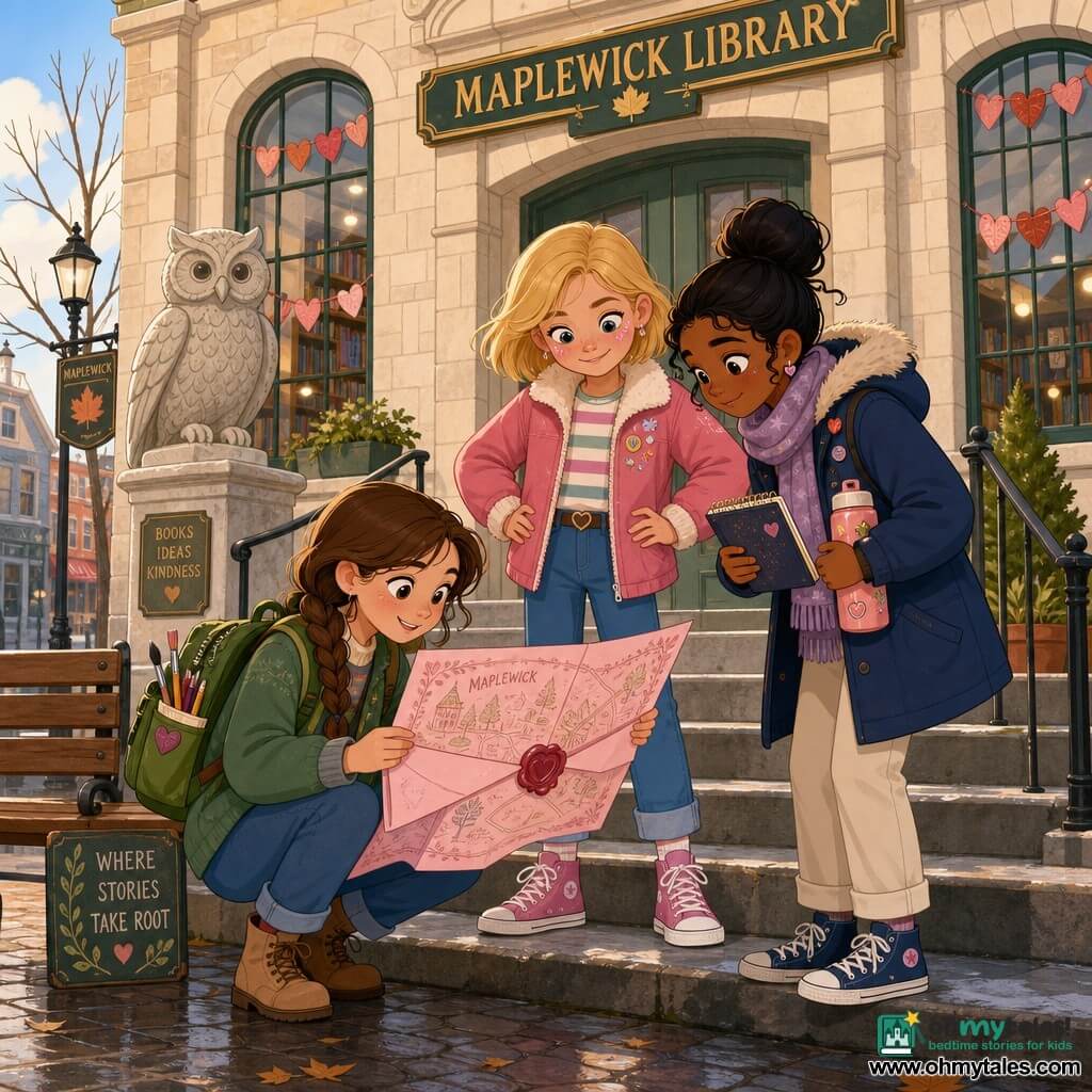 Three girls, about 11: Nia — fair skin, brown braid over her shoulder, green backpack of art supplies, crouched left unfolding a pink map with little hearts; Zoe — fair with freckles, short shiny blonde hair, pink glitter on cheeks, standing center with hands on hips, mischievous smile looking at the map; Mira — olive skin, black hair in a bun, navy coat holding a small notebook and thermos, right and leaning in, curious. In front of Maplewick Library — light stone façade with leaded windows, a carved stone owl atop the steps, heart-shaped paper garlands in the window, faint winter morning light, wet cobbles and a wooden bench left. The three friends gathered on the library steps examine a large pink map sealed with a small heart-shaped wax seal, expressions of wonder and camaraderie, warm atmosphere, vivid contrasting colors, clean vector style with flat shadows and a pastel palette accented with reds and pinks.