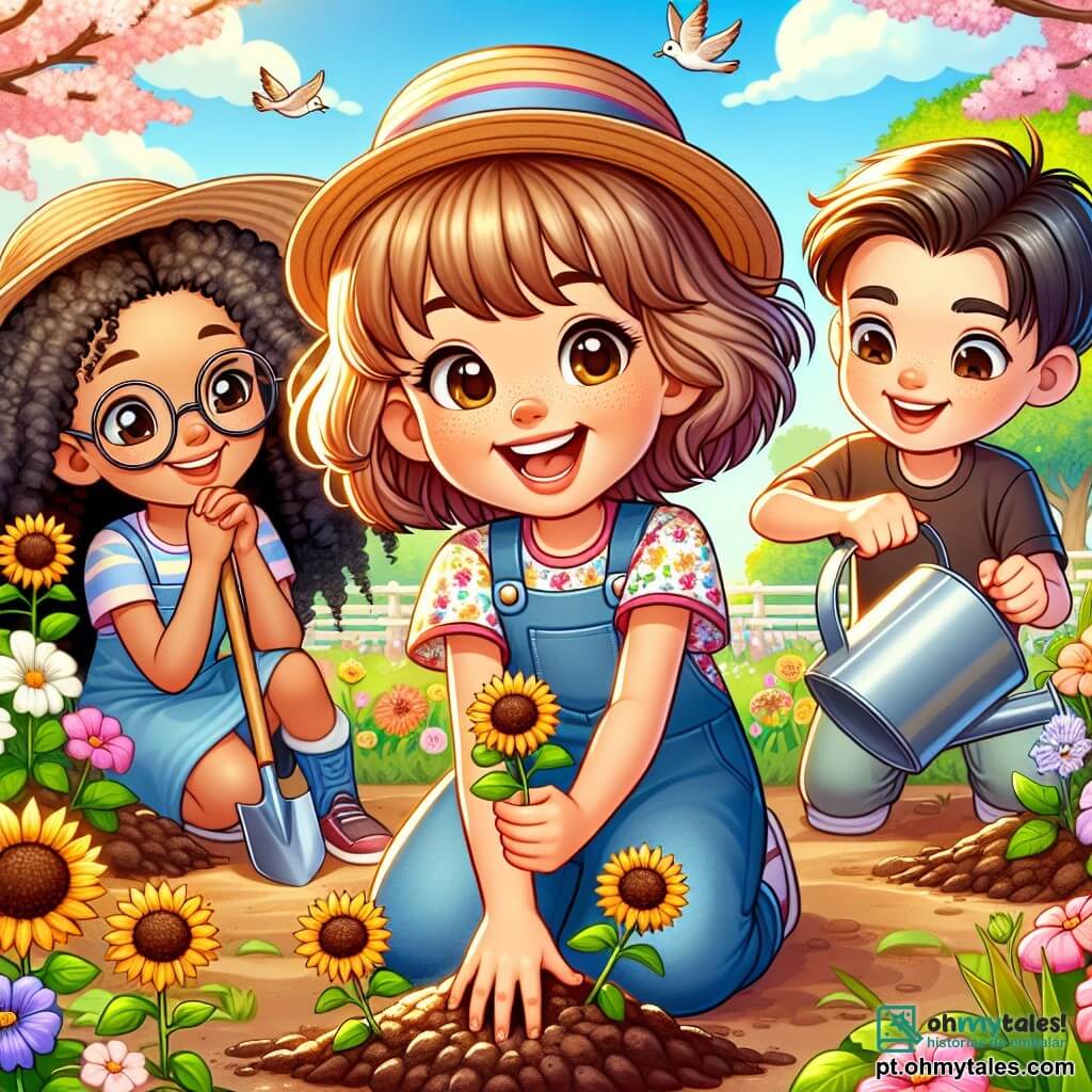 Uma menina de 12 anos, Lara, com cabelos castanhos e cacheados, um sorriso radiante e olhos brilhantes de excitação, está agachada em um jardim ensolarado, plantando sementes de girassol no solo fértil. Ela usa uma blusa colorida e um chapéu de palha, com as mãos ligeiramente sujas de terra, demonstrando seu entusiasmo pela jardinagem. Ao lado dela, Tomás, um garoto de 12 anos com cabelos loiros e óculos redondos, observa atentamente, segurando uma pequena pá. Ele está concentrado e sorridente, pronto para ajudá-la a cavar buracos para as sementes. Um pouco mais longe, Júlia, uma menina de 11 anos com cabelos lisos e negros, está enchendo um regador com água, ansiosa para regar as plantas após o plantio. O local é um parque vibrante de cores primaveris, com flores brilhantes de todas as tonalidades, árvores em flor e o céu azul claro salpicado de nuvens brancas. Pássaros cantam alegremente nos galhos, acrescentando à atmosfera festiva. A cena principal mostra Lara e seus amigos em plena atividade de jardinagem, rindo e trocando ideias sobre como cuidar de suas novas plantas, simbolizando a amizade e a alegria da primavera.
