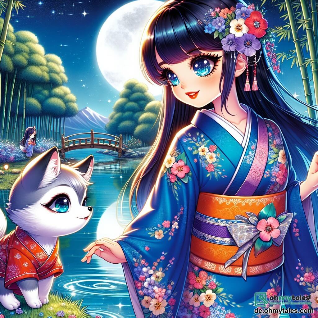 Aiko, eine junge Frau mit langen, glänzenden schwarzen Haaren und funkelnden Augen, steht am Ufer eines friedlichen Teiches, ihr Gesicht strahlt vor Staunen und Entschlossenheit. Sie trägt einen blauen Kimono mit floralen Mustern, und ihre Hände sind zum Wasser ausgestreckt, als ob sie bereit wäre, in eine magische Welt einzutauchen. Neben ihr beobachtet ein kitsune, ein kleiner Fuchs mit schelmischen Augen und silbernem Fell, Aiko neugierig. Er trägt einen roten Mini-Kimono, der sanft im Wind weht. Im Hintergrund erhebt sich der Bambus majestätisch, seine grünen Stängel wiegen sich im Wind, während der Mond intensiv am sternenklaren Himmel leuchtet und die Szene in sanftes silbernes Licht taucht. Aiko steht bereit, sich ihrem Spiegelbild im Wasser zu stellen, ein Moment der Entdeckung und des Mutes, während sie sich darauf vorbereitet, ihre Zweifel zu überwinden und ihr wahres Potenzial zu erkennen.