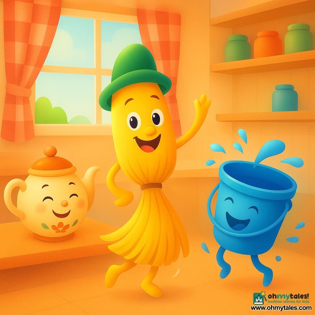 Benny the broom, a bright yellow broom with a funny green hat, is at the center of the image, displaying a radiant smile and sparkling joyful eyes, dancing with its tousled bristles. Next to him, the mop bucket, a blue bucket with a friendly face, spins joyfully, splashing a few glistening drops of water. On the table, the round and proud teapot, adorned with colorful floral patterns, smiles while clapping with its spout. The background shows a warm and bright kitchen with red and white checkered curtains and wooden shelves filled with colorful pots. The main scene depicts Benny and the mop bucket in a whirling dance, surrounded by laughter and joy, creating a festive atmosphere in the kitchen.
