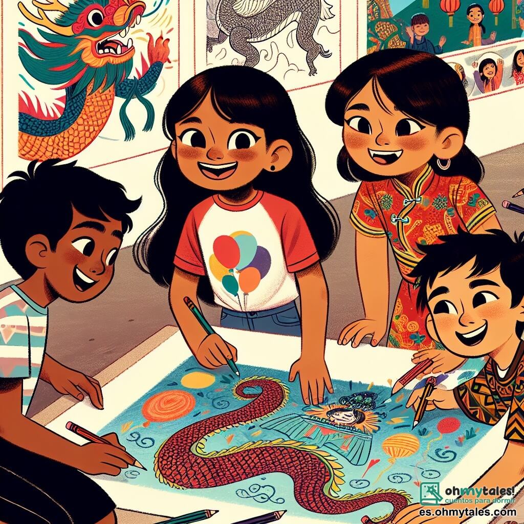 En el centro de la imagen, Lucía, una niña de 10 años de origen hispánico, con largos cabellos castaños y ojos llenos de curiosidad, está dibujando en un gran papel. Lleva una camiseta colorida y un short, y su rostro expresa una alegría contagiosa mientras crea un dibujo de su fiesta de cumpleaños. A su derecha, Mei, una niña de 9 años de origen asiático, con cabello negro liso y un vestido tradicional chino, observa atentamente el dibujo de Lucía, sonriendo y lista para compartir su propio dibujo de un dragón. A la izquierda de Lucía, Pablo, un niño de 10 años de origen latinoamericano, con cabello rizado y una camisa de estampados, dibuja una gran llama para representar la fiesta de su comunidad, mirando a Lucía con admiración. La escena tiene lugar en un centro cultural vibrante, con paredes decoradas con murales coloridos que representan diversas culturas, y niños de diferentes orígenes sentados alrededor de una gran mesa llena de lápices y papeles. La situación principal muestra a Lucía y sus amigos compartiendo sus dibujos e historias, creando un mural colectivo que celebra la diversidad y la unidad en un ambiente cálido y acogedor.