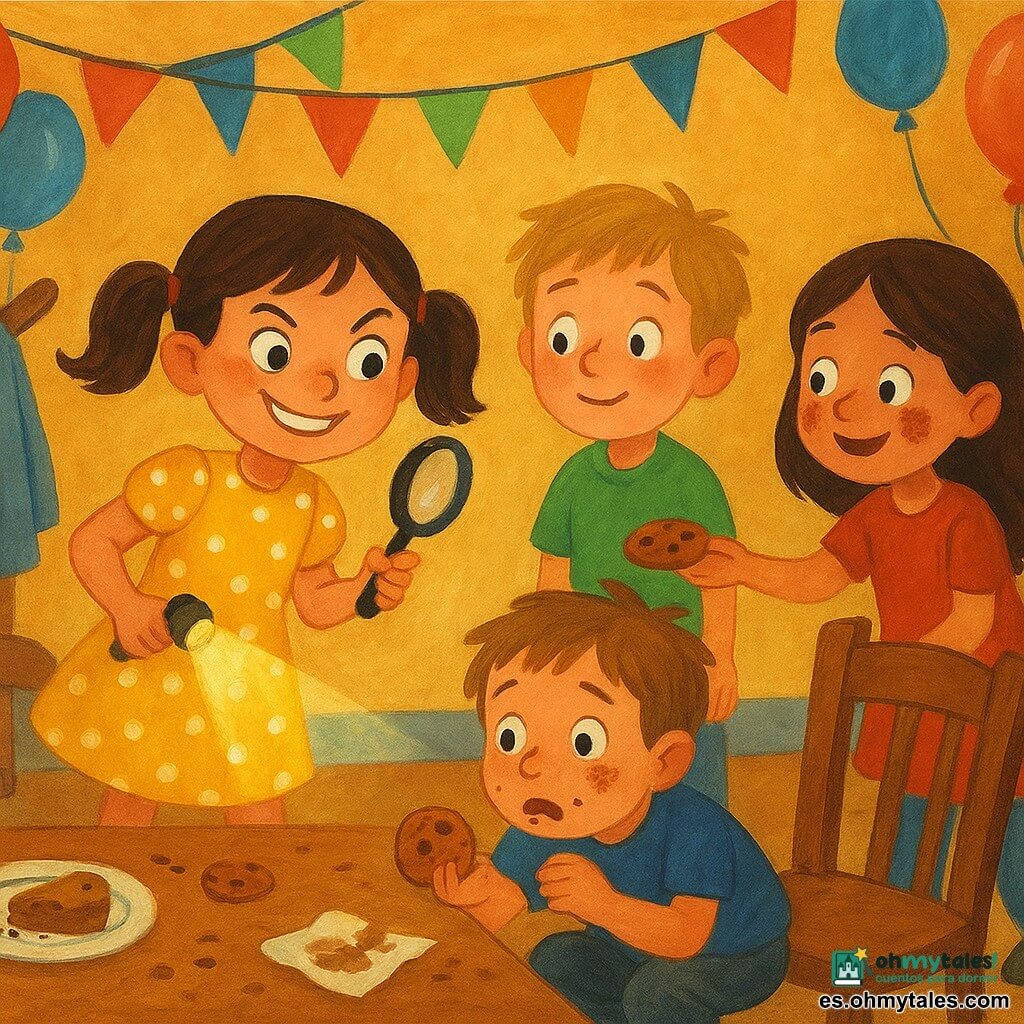 Una niña de 6 años, Diana, mira orgullosa con una sonrisa traviesa, ojos brillantes y coletas, vestida con un vestido amarillo de lunares blancos; sostiene una lupa y una linterna que ilumina la mesa. Cerca están Lucas, de unos 6 años, rubio y aliviado junto a una silla con un lazo azul; Sara, de unos 6 años, con manchas de chocolate en las mejillas, sonríe ofreciendo otra galleta al ladrón descubierto; y Nacho, de unos 7 años, con la boca llena de chocolate, todavía con una galleta en las manos y un globo azul atado a la muñeca, agachado y algo avergonzado. La sala de fiestas es luminosa, con guirnaldas y globos, una mesa con platos, pasteles, migas y una servilleta manchada de chocolate, y un rincón para abrigos; la luz principal está atenuada y la linterna de Diana proyecta un cálido haz sobre la escena. Estilo gouache naïf, colores vivos, pinceladas visibles, rasgos suaves y expresiones exageradas, composición centrada en la detective infantil y la revelación del ladrón.