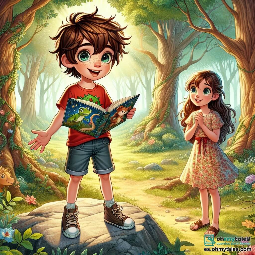 Un niño de 11 años, Lucas, con cabello castaño desordenado y ojos llenos de curiosidad, está de pie sobre una gran piedra en el centro de un claro soleado. Lleva una camiseta roja con motivos de dinosaurios y un short de mezclilla, sonriendo con entusiasmo mientras sostiene un libro de cuentos mágicos abierto en sus manos. A su lado, su mejor amiga Sofía, una niña de 10 años con cabello largo y castaño trenzado en una bonita trenza, observa el libro con asombro. Ella lleva un vestido ligero de flores y sandalias, y está agachada, con las manos en las rodillas, lista para escuchar cada palabra que Lucas lee. El lugar es un hermoso bosque encantado, con grandes árboles de troncos gruesos, hojas verdes brillantes y rayos de sol que filtran a través del follaje, iluminando el suelo cubierto de flores coloridas y pequeños guijarros brillantes. La situación principal muestra a Lucas y Sofía descubriendo un tesoro escondido: un antiguo cofre de madera adornado con motivos dorados, abierto frente a ellos, revelando un libro de cuentos y un misterioso rollo de mapa. La expresión de alegría y asombro en sus rostros captura el espíritu de aventura que los une.