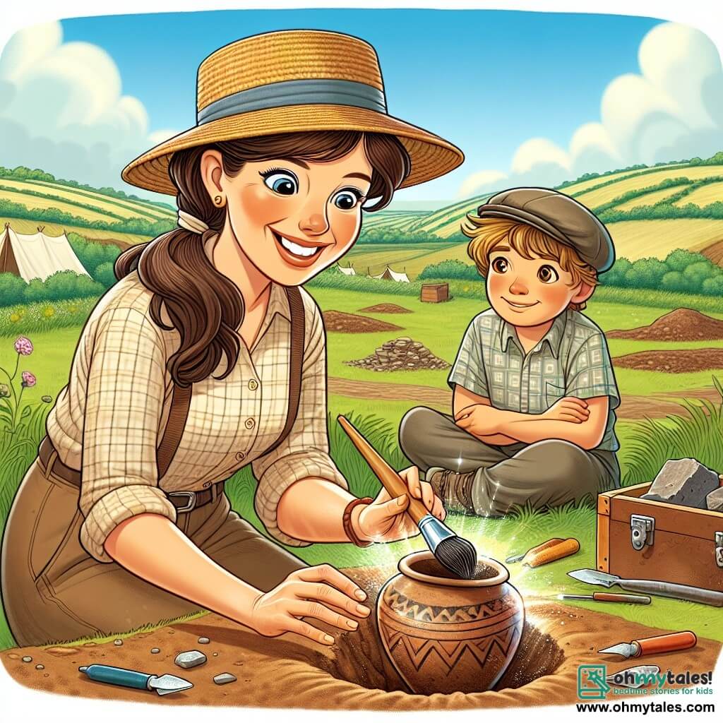 An enthusiastic archaeologist, Emma, is a woman in her thirties with brown hair tied in a ponytail, wearing a straw hat and a checkered shirt. She smiles widely, her eyes sparkling with excitement, as she gently uses a small brush to uncover a piece of ancient pottery buried in the ground. Next to her, her little assistant Max, a six-year-old boy with messy blonde hair and a cap, watches in awe with his hands on his hips, ready to help.

The location is an outdoor archaeological dig site, surrounded by green fields and gentle hills, with tools scattered around and ancient stones partially uncovered. The sky is blue, dotted with fluffy white clouds, and the sun shines, casting a warm light over the scene.

The main focus shows Emma and Max in the midst of discovery, with Emma concentrated and joyful while Max expresses his wonder, creating an atmosphere of adventure and curiosity.