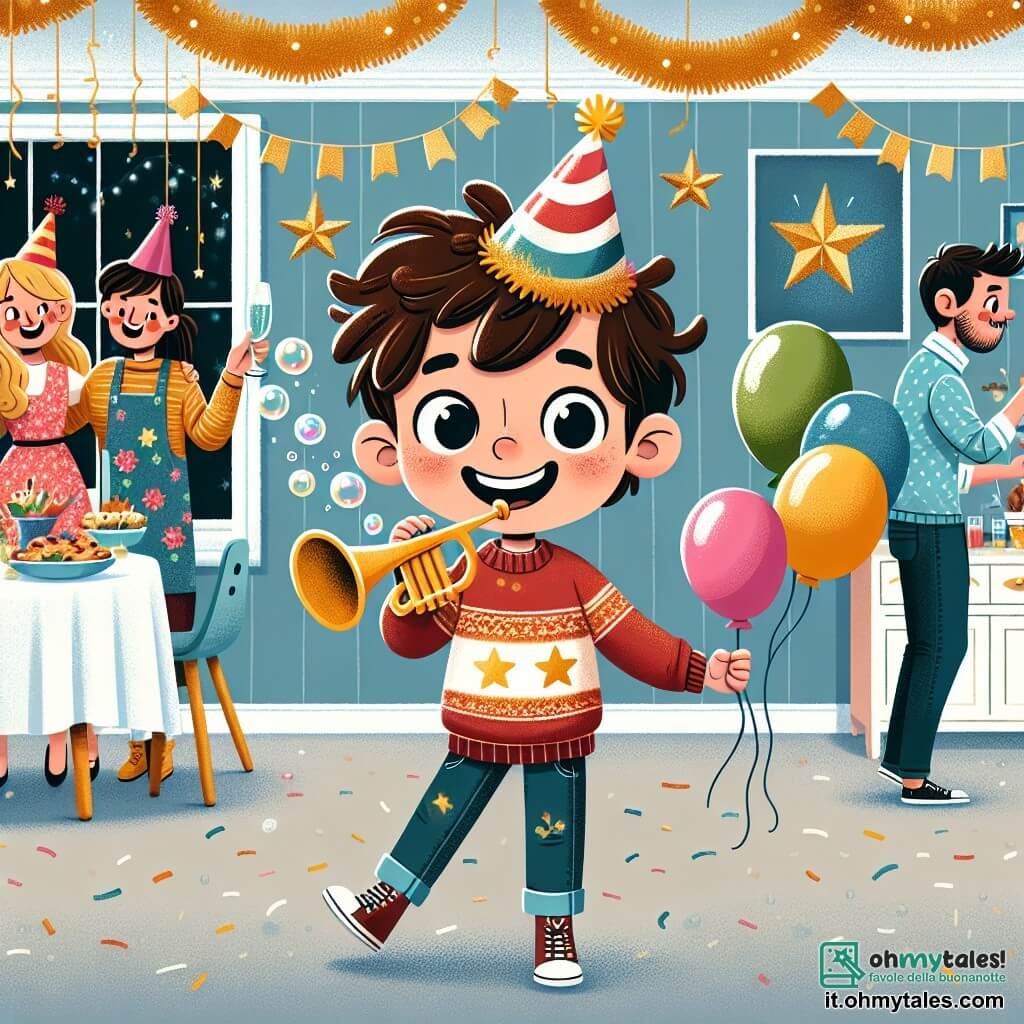 Un ragazzo di 6 anni, di nome Marco, è al centro dell'immagine, con un grande sorriso sul volto pieno di eccitazione. Ha capelli castani disordinati e indossa un bel cappellino colorato da festa, oltre a un maglione rosso con stelle dorate. Marco tiene una tromba in una mano e palloncini colorati nell'altra, saltellando di gioia. Accanto a lui, sua madre, una donna di circa 30 anni, ha capelli lunghi e ricci e indossa un vestito festivo a fiori. Sorride mentre appende ghirlande scintillanti al muro, guardando Marco con orgoglio. Il padre di Marco, un uomo di circa 35 anni, è presente, con una leggera barba e un maglione blu. Sta preparando cibo sulla tavola, ridendo con i vicini che sono arrivati per la festa. La scena si svolge in un soggiorno accogliente, decorato con ghirlande luminose e palloncini colorati. I muri sono ornati con disegni di stelle dorate, e un grande tavolo è pieno di deliziosi dolcetti per il Capodanno. Marco, pieno di energia, è pronto a festeggiare il Capodanno con la sua famiglia e i suoi amici, circondato da risate e gioia, mentre le luci scintillano intorno a lui.