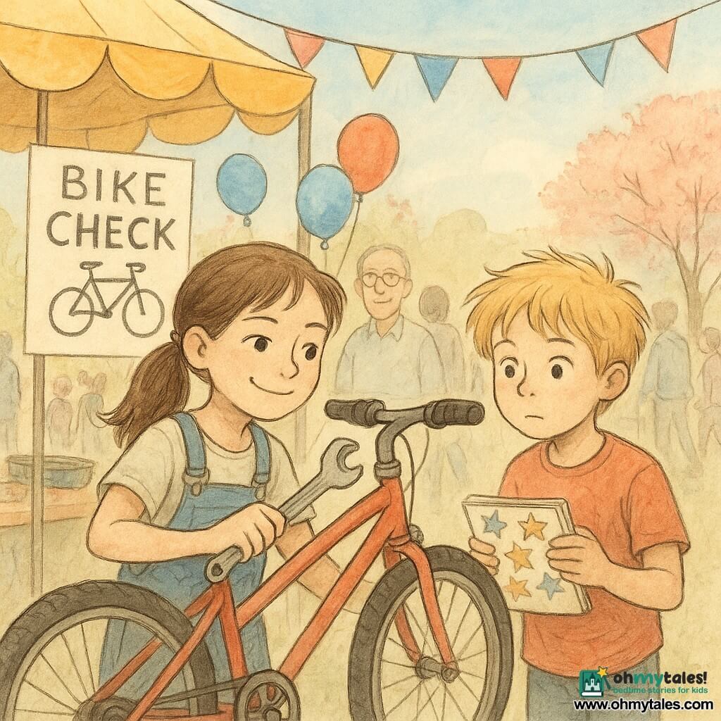 A 10-year-old girl, Ava, with brown hair tied in a ponytail and a confident smile, is repairing a bike. She is wearing blue overalls with grease stains and holding a wrench. Next to her, an 11-year-old boy, Marco, with messy blond hair, is watching closely, holding a notebook of star stickers. They are at a colorful stand with bike check posters, surrounded by balloons and garlands. In the background, a crowd of people can be seen, including a man in his forties, Mr. Bennett, with glasses and a kind smile, watching the scene from a bit further away. The scene takes place at a lively spring fair, with colorful stands, blooming trees, and a clear blue sky.
