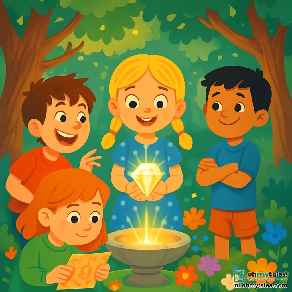 Er zijn 4 kinderen: - Lotte: een 8-jarig meisje met blonde vlechten, gekleed in een blauwe jurk met witte stippen. Ze staat in het midden, met een glinsterende steen in haar handen en een verwonderde blik. - Jip: een 9-jarige jongen met rommelig bruin haar en een rode t-shirt. Hij staat iets naar voren, lachend en een komisch gebaar makend, alsof hij een schaduw in de lucht probeert te vangen. - Noor: een 8-jarig meisje met rood haar en sproeten, gekleed in een groene trui. Ze staat links, voorovergebogen met een geconcentreerde uitdrukking, terwijl ze naar een magische kaart kijkt die ze vasthoudt. - Bram: een 9-jarige jongen met zwart haar en een blauwe short. Hij staat rechts, met gekruiste armen en een zelfverzekerde glimlach, terwijl hij enthousiast naar zijn vrienden kijkt. De locatie is een betoverende open plek, omringd door grote bomen met knoestige stammen en glinsterende bladeren. Overal groeien kleurrijke bloemen, en in het midden staat een fontein die een zachte, gouden gloed uitstraalt die de gezichten van de kinderen verlicht. De belangrijkste situatie toont de kinderen die de Glinsterende Steen ontdekken, een magische steen die schittert, terwijl ze rond de fontein staan, verwonderd door de magie om hen heen.