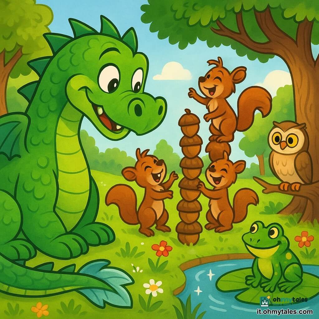 Un drago chiamato Tattico, grande ma dolce, osserva stupito la radura con espressione curiosa e gioiosa; scaglie verde brillante con riflessi argentati sulla coda, muso arrotondato e grandi occhi ridenti, accovacciato vicino a una torre di ghiande. Tre scoiattoli ridacchianti dal pelo rossiccio impilano ghiande nella torre, uno già arrampicato per guardare lontano. Una rana verde a pois gialli su una grande foglia di ninfea vicino a un lago luccicante sorride al drago. Un vecchio gufo saggio, piumaggio crema-bruno e grandi occhi ambra, su un ramo basso osserva la scena. Luogo: radura soleggiata nella Foresta di Smeraldo con erba verde, fiori colorati, tronchi contorti e un piccolo lago che riflette pale stelle; luce soffusa. Momento tenero e divertente, sguardi divertiti tra gli animali, atmosfera calda, composizione centrata su drago e torre, colori vivaci, contorni netti, stile infantile ed espressivo.
