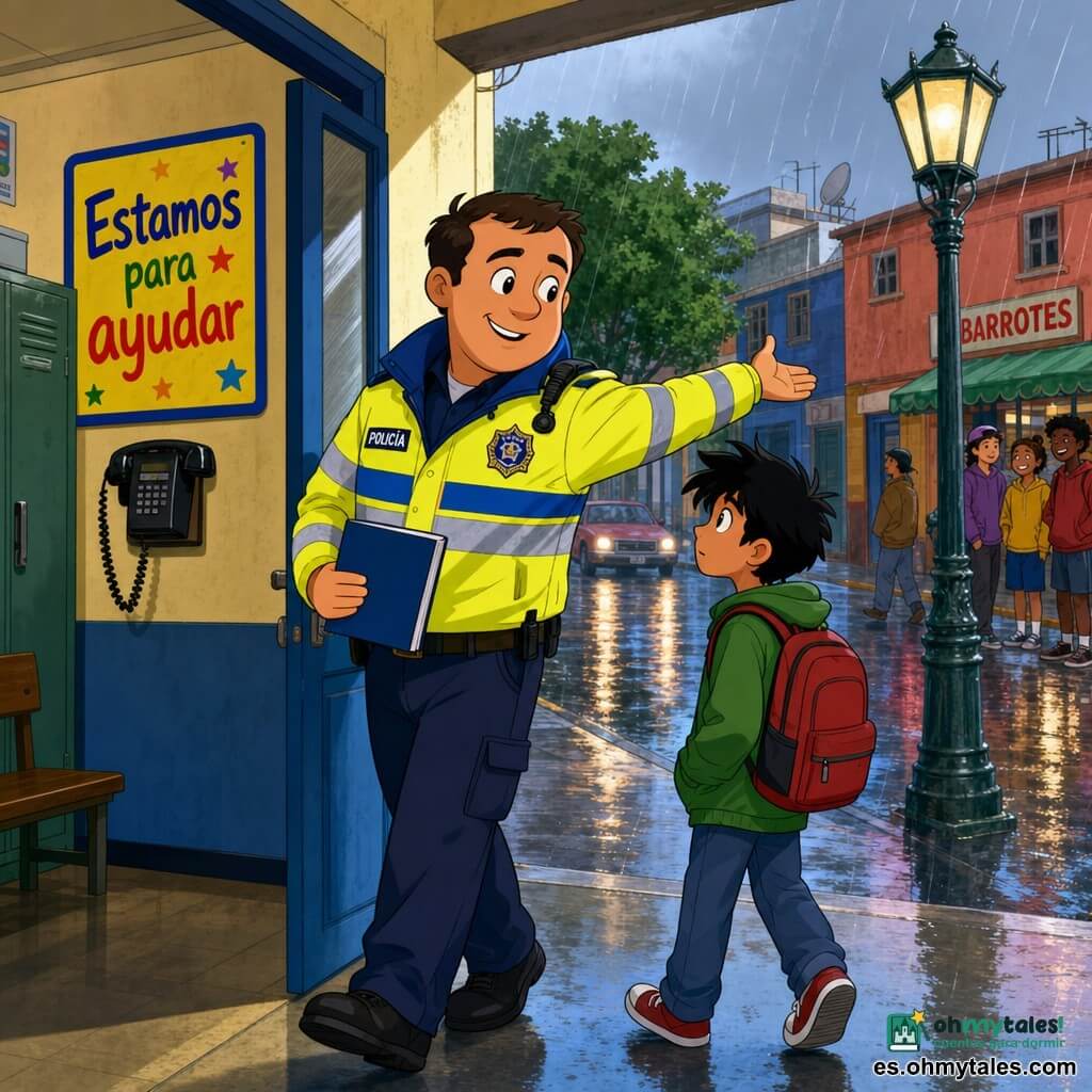 Un policía de 35–45 años, rostro redondo y sonriente, tez clara, cabello corto castaño oscuro, chaqueta reflectante amarillo y azul, con un cuaderno azul, expresión calmada y amable, abre la puerta de la comisaría y guía; un niño de 12 años, pelo negro despeinado, mochila roja y ojos grandes y curiosos, mira la calle húmeda y sigue al policía a unos pasos; porche de una pequeña comisaría con suelo de cemento brillante por la lluvia, cartel colorido “Estamos para ayudar” en la pared, casillero metálico y teléfono mural visibles, farol antiguo y adoquines reflejando neones; escena principal: el policía señala la calle con gesto acogedor, ambiente suave tras la lluvia, contrastes marcados y colores saturados estilo dibujo animado de los años 90.