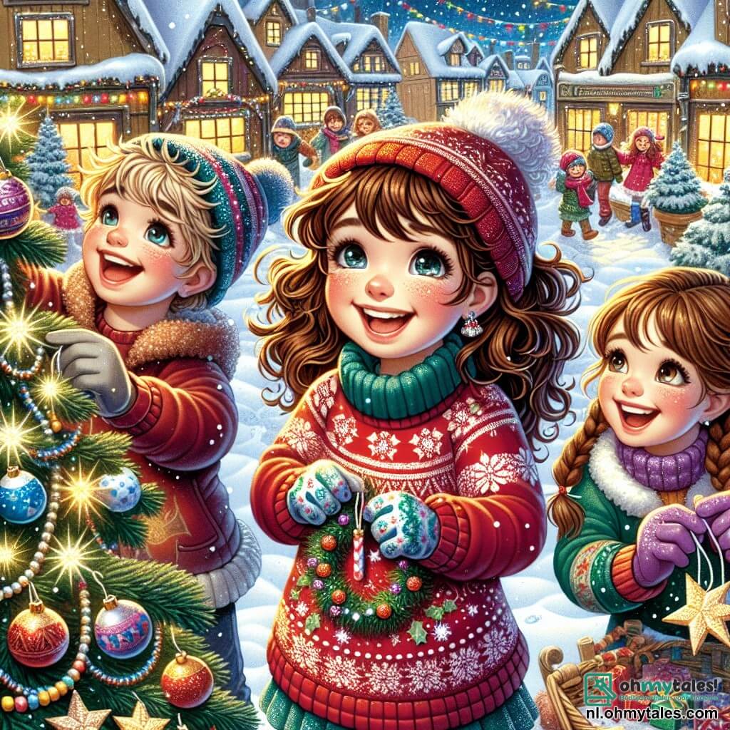 In het midden van de afbeelding staat een 9-jarig meisje, Lotte, met bruin krullend haar, die blij glimlacht met twinkelende ogen. Ze draagt een rode trui met een sneeuwvlokpatroon en kleurrijke handschoenen, terwijl ze een glinsterende slinger vasthoudt. Naast haar lacht haar vriend Sam, een 9-jarig jongetje met messy blond haar, terwijl hij een glanzende kerstbal vasthoudt. Emma, een 8-jarig meisje met bruine vlechten, voegt zich bij hen met papieren sterren die ze net heeft gemaakt. De achtergrond toont een charmant besneeuwd dorp met houten huizen versierd met kleurrijke lichtjes en een grote verlichte kerstboom in het midden van het plein, omringd door zacht vallende sneeuwvlokken. De scène toont Lotte en haar vrienden die vrolijk de kerstboom versieren, vol vreugde en kerstsfeer, terwijl de dorpsbewoners hen met warme glimlachen gadeslaan.