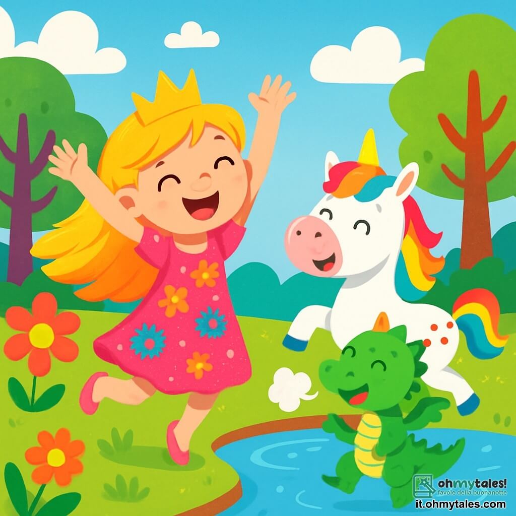 La principessa Lulù, una ragazza gioiosa di 8 anni, indossa un vestito rosa scintillante decorato con fiori multicolori. Ha lunghi capelli dorati che brillano al sole e un grande sorriso che illumina il suo viso. Lulù salta di gioia accanto a un laghetto, con le braccia alzate verso il cielo, piena di eccitazione. Accanto a lei, Tito, un unicorno dai colori vivaci, ha una criniera arcobaleno e un naso che fa "beep" quando ride. Sta danzando sulle sue zampe, gli occhi brillanti di felicità. Un po' più in là, Poff, un piccolo draghetto verde con squame brillanti, emette un "puff" di fumo gioioso battendo le ali. Sembra divertito e entusiasta, pronto a divertirsi con i suoi amici. Il luogo è una radura incantata, circondata da alberi dai tronchi colorati e fiori giganti che danzano al vento. Il laghetto scintilla sotto il sole, riflettendo i colori vivaci del cielo blu punteggiato di nuvole soffici. La scena principale mostra Lulù, Tito e Poff che giocano insieme, ridendo e spruzzandosi nell'acqua del laghetto, creando un'atmosfera di gioia e amicizia in questo regno magico.