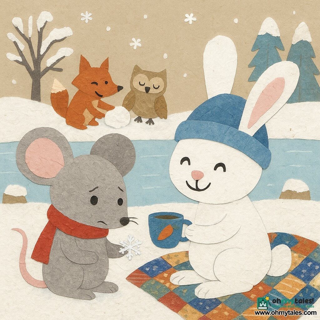 Milo, a light-gray mouse with large pink ears and a shy, slightly jealous expression, holds his red scarf and looks right; his body is made of torn textured paper with glued black round eyes and a raised paw holding a sparkling snowflake. Tilly, a white rabbit with long ears and a big blue pom-pom hat, smiles and sits on a colorful patchwork blanket in front of Milo, offering a cup of carrot tea. Secondary animals—a red fox with mischievous eyes and a beige owl with folded wings—are in the background laughing and building a small pile of snow as cutout silhouettes. The scene is a snowy clearing with a shiny frozen pond, trees with snow-dusted branches, tiny wooden houses puffing smoke, and a pale gray sky with glittering paper-cut snowflakes falling. Main situation: a winter picnic where Milo, set apart, watches the snowflake on his mitten while friends play and drink tea, soft atmosphere with red, blue, and white contrasts and visible crumpled paper textures and fabric scraps.