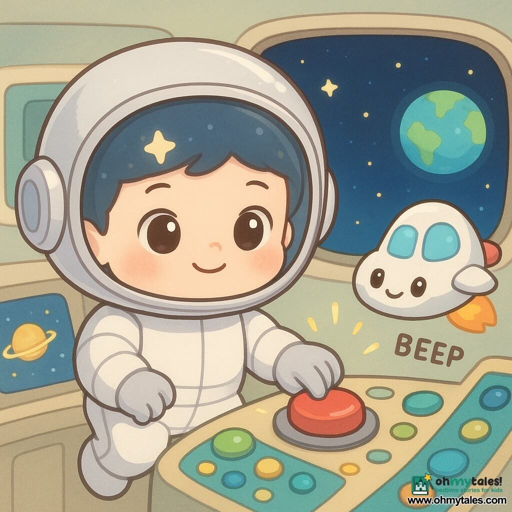 A chubby-faced, big-eyed astronaut in a silver star-reflecting helmet and white fluffy suit floats and, smiling, presses a large red button with a gloved hand; a rounded chibi shuttle with bright eyes and a small smile trails slightly behind to the right, emitting joyful beeps (no other humans). The cozy shiny cockpit has a colorful control panel with round green, blue and yellow glowing buttons, sparkling screens showing planets and a large oval window revealing a starry sky and Earth; the scene shows a calm, joyful repair as the astronaut stops a flashing alarm, small sparks die out and a soft, warm light returns. Graphic style: clean, vivid pastel colors, thick outlines, soft shapes and smooth shiny textures suited for toddlers.