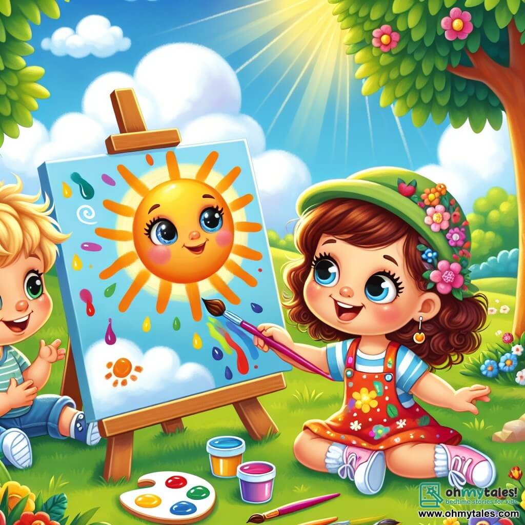 A 2-year-old girl with big bright eyes and curly hair is sitting on the green grass, a big smile on her face. She holds a colorful brush in one hand and a paint palette full of bright colors in the other. Next to her, a 3-year-old boy with messy blond hair and a red cap looks in awe at the painting she has created. He sits cross-legged with his hands on his knees, eager to start painting himself. In the background, a beautiful summer park is visible, with leafy trees, colorful flowers, and a blue sky dotted with white clouds. A bright sun shines above, illuminating the scene with its golden rays. The main focus shows the little girl painting a large sun on a canvas, while the boy admires her work, ready to join the creative adventure.