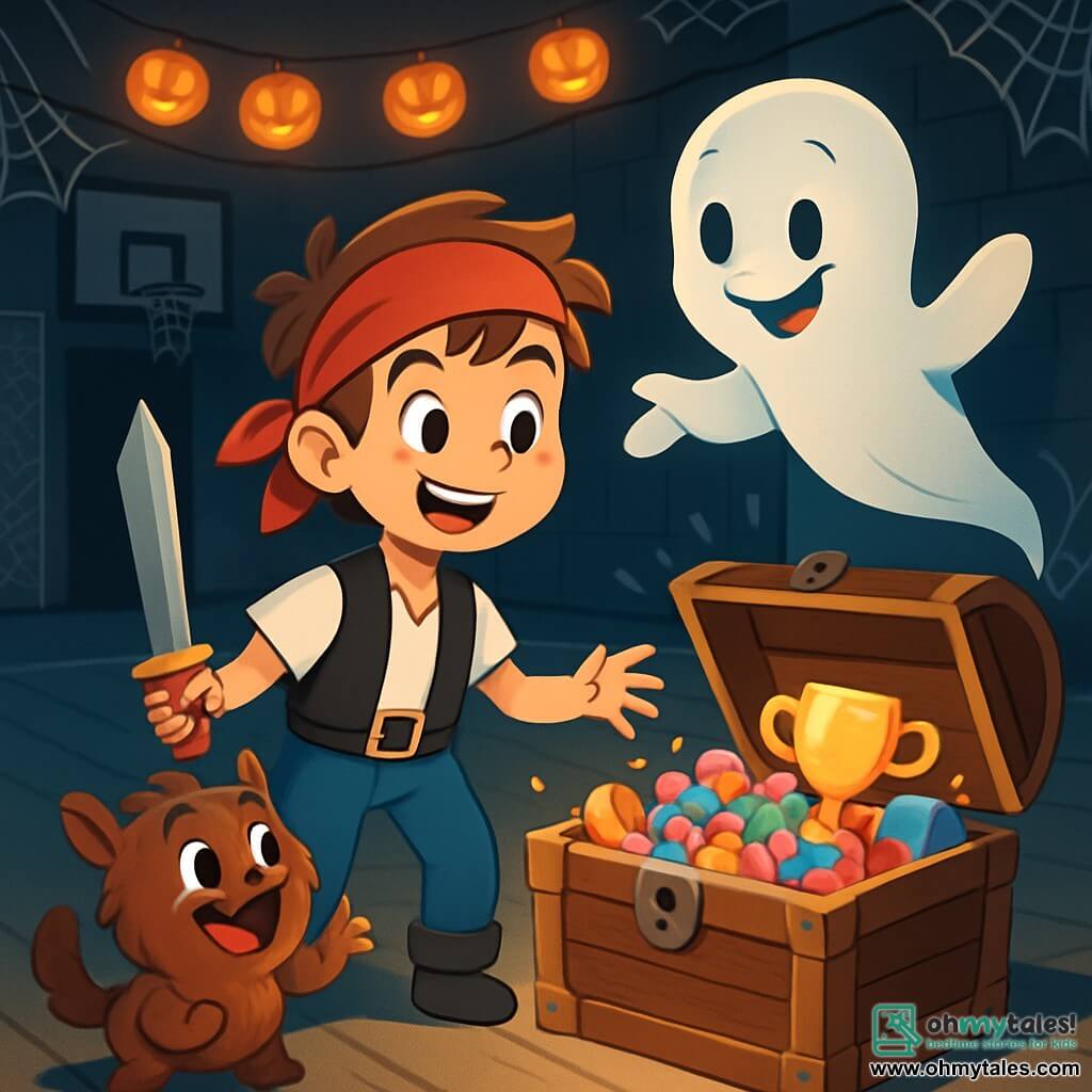A 12-year-old boy named Oliver, with tousled brown hair and curious bright eyes, stands in front of an old wooden chest in a dark and mysterious gym. He is dressed as a pirate, wearing a red bandana and holding a plastic sword, with a wide smile of excitement. Next to him is a small ghost named Casper, joyfully floating with a friendly face and round eyes, showing him the chest with translucent arms reaching for the treasure. An adorable plush monster named Munch, with brown fur and sparkling eyes, stands near Oliver, hopping with enthusiasm and wagging its fluffy tail. The gym is decorated with glowing pumpkin garlands and shimmering spider webs, with dancing shadows cast by lanterns. The open chest overflows with colorful candies, games, and a shiny golden trophy, adding a touch of magic to the scene. Oliver, Casper, and Munch celebrate the treasure discovery together, surrounded by a festive and playful atmosphere filled with laughter and camaraderie.