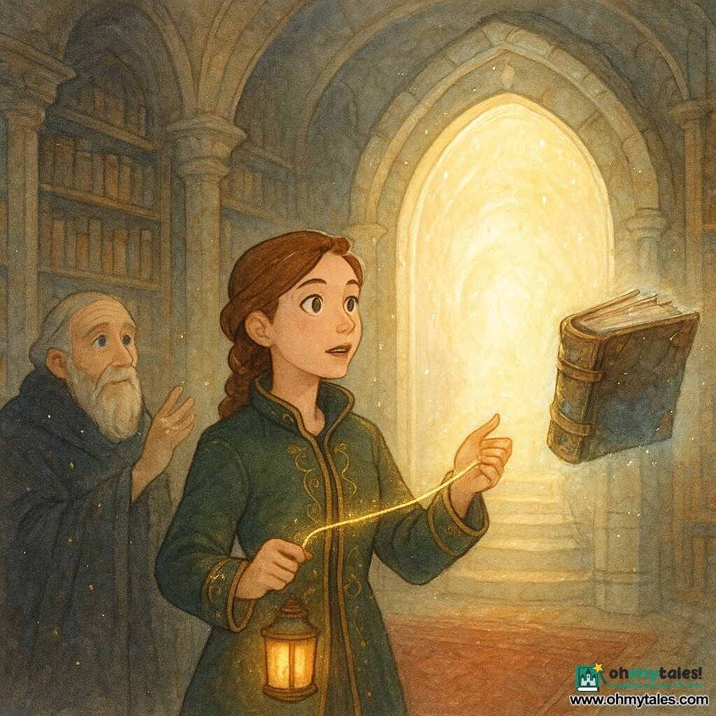 The protagonist is a young woman (about 25) with a determined face and wonder-filled eyes, brown hair in a braid, wearing a dark green leather coat embroidered in gold, holding a shimmering golden thread in her right hand and a warm-flamed lantern in her left, making a vow before a luminous oval portal; Irion, a kindly sixty-year-old guardian with a lined face and sapphire eyes, stands slightly behind her to the left, head bowed and hand raised in admiration; a large animated book floats to the right, bound in old leather with iron fittings, its pages fluttering like wings and glowing faintly azure; the setting is an ancient stone-vaulted library with colossal shelves, dark red rugs, suspended gold dust and paving lit by the portal, which opens to a spiral staircase descending into warm light; the scene is a heroic revelation — she reaches the golden thread toward the opening portal as white and amber light bursts forth, a magical, solemn atmosphere of courage and tenderness, composition centered on the woman and portal with Irion and the book as visual counterpoints.