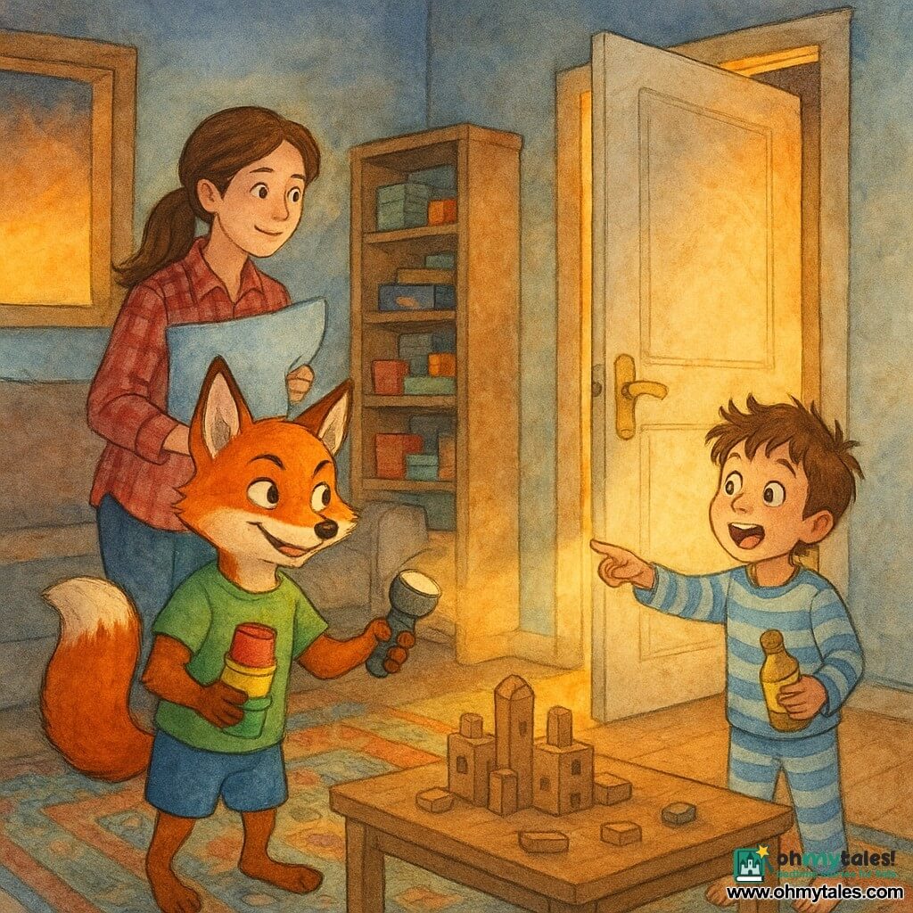 An anthropomorphic fox child (main character) with a mischievous yet reassuring expression, bright reddish fur with white accents, simple clothes (green T‑shirt, blue shorts), holding a small tower of colorful plastic cups and an LED lamp, standing near the floor in a confident pose; an older human teenage sister, organized and slightly amused, brown hair in a ponytail, red plaid shirt, holding a pillow like a shield to the left, looking toward the closet door; a younger human little brother, exuberant and surprised, messy hair, striped pajamas, pointing at the door while proudly holding a small bottle of oil with a simple label, positioned in front of the sofa on the right. The closet (personified by the scene) is a slightly worn white door with a golden handle, ajar with visible wood grain and a long shadow, warm light spilling from inside. The cozy, colorful living room has a patterned rug, a large coffee table with a cardboard city and scattered blocks, shelves of games, and soft dusk light from a window. Main situation: the three children test their homemade “traffic light” in front of the closet door after it made a loud crack, a scene both funny and slightly mysterious, dynamic composition, warm colors and soft contrasts, visible paper and wood textures.