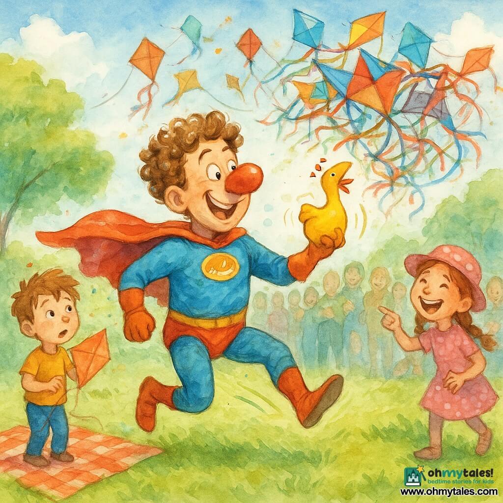 A mischievous, happy comic superhero with springy light-brown curls, a big shiny red nose and a slightly rumpled colorful costume slides on grassy ground doing a dance step while brandishing a yellow rubber chicken named Clucky; to the left, a wide-eyed 6-year-old boy, Timmy, with messy hair holds an orange checkered kite near a picnic blanket; slightly back to the right, a laughing 7-year-old girl in a pink polka-dot hat with braided hair points at a tangle of kites behind the hero; a joyful, colorful crowd forms a blurred semicircle in the sunny park with textured green grass, watercolor trees and a blue sky dotted with clouds and multicolored kites; the hero slides under a “monster” of tangled kites that flow like ribbons, Clucky emits a visible “squawk” shown by small drawn waves, the scene is dynamic, funny and warm with controlled watercolor splashes emphasizing movement.