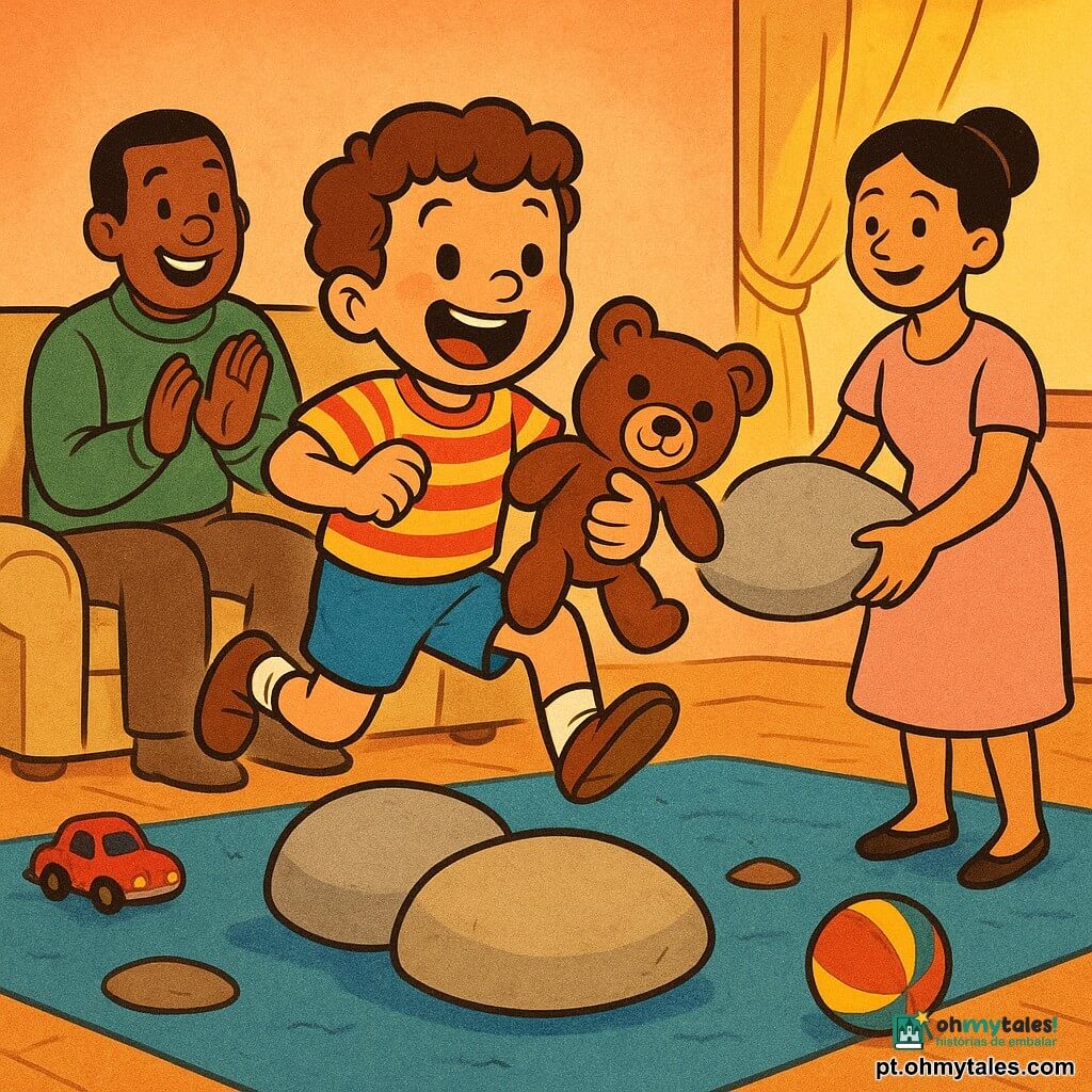 Um menino de 4 anos, alegre e determinado, segura firme um ursinho de pelúcia marrom chamado Tico; veste camiseta amarela com listras vermelhas e short azul, cabelos cacheados castanhos e olhos sorridentes, saltando com um pé sobre uma grande almofada-"pedra". Um homem (pai, ~35 anos) sorri e aplaude, de suéter verde e cabelo curto, sentado atrás do sofá-"ilha" olhando o menino com orgulho. Uma mulher (mãe, ~33 anos) em vestido rosa claro, cabelo preso, está de pé perto do tapete azul oferecendo outra almofada-"pedra", com expressão terna. O ursinho Tico, pequeno e peludo, tem um olho ligeiramente maior que o outro para um charme vintage e é apertado nos braços do menino, sorrindo. A sala é um espaço acolhedor e colorido: tapete azul como "rio", sofá bege transformado em "ilha" com almofadas coloridas como pedras, luz dourada entra pela janela e brinquedos espalhados. A cena mostra o momento em que o menino atravessa o "rio-tapete" pisando nas almofadas-"pedras", expressão de vitória e surpresa, movimento dinâmico e risadas. Estilo gráfico: traços arredondados, membros flexíveis tipo "rubber hose", cores saturadas, texturas suaves, sombras simples e contornos pretos nítidos.