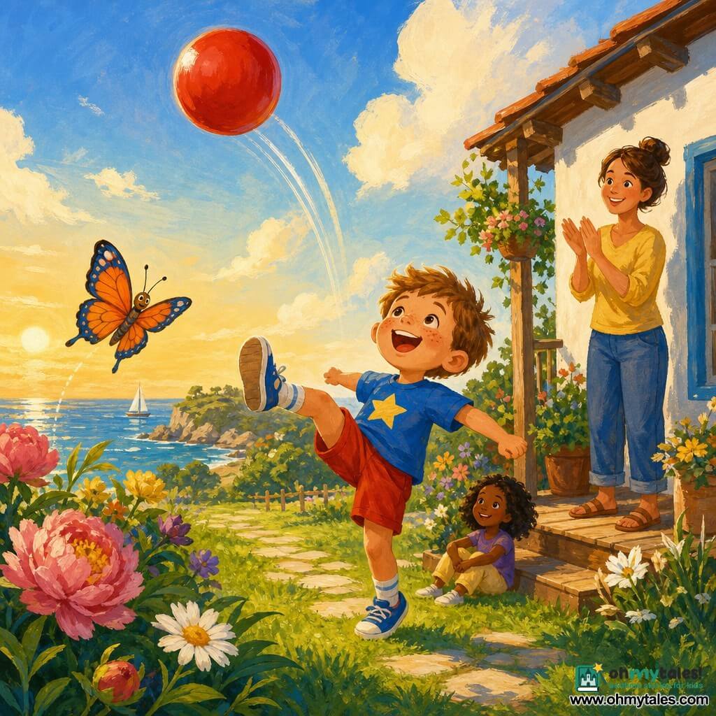 A joyful, determined 4-year-old boy with a round, freckled face and short light-brown hair, wearing a blue T‑shirt with a large yellow star and red shorts, kicks a shiny red ball high into the air; his mother, about 30, with a soft smile and brown hair in a bun, stands on a small wooden terrace to the right, applauding proudly, while an orange-and-blue butterfly named Benny flutters near the flowers on the left. The scene is a summer seaside garden with soft green grass, peonies and daisies, a stone path and a small white house with a wooden porch under a bright blue sky and warm low sun, a simple moment of happiness in golden light with soft shadows, vivid colors and visible gouache texture.