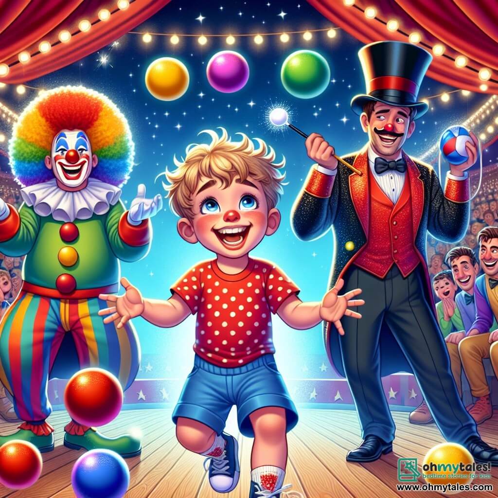 A 2-year-old boy with messy blonde hair and sparkling eyes is at the center of the image. He is wearing a red polka dot t-shirt and blue shorts, laughing heartily as he tries to juggle colorful balls that are falling around him. Next to him, a joyful clown, a man in his thirties with a big red nose and multicolored hair, is laughing while holding a ball, ready to help. In the background, an elegant magician, a man around 40 years old with a black top hat and a shiny cape, watches with an amused smile, holding a magic wand. The setting is a large circus tent filled with twinkling lights and colorful decorations, with wooden seating and show posters hanging on the walls. In the center, a circular circus ring is surrounded by amazed spectators. The main scene shows the little boy trying to juggle, surrounded by laughter and magic, while the clown and the magician encourage him, creating a joyful and festive atmosphere.