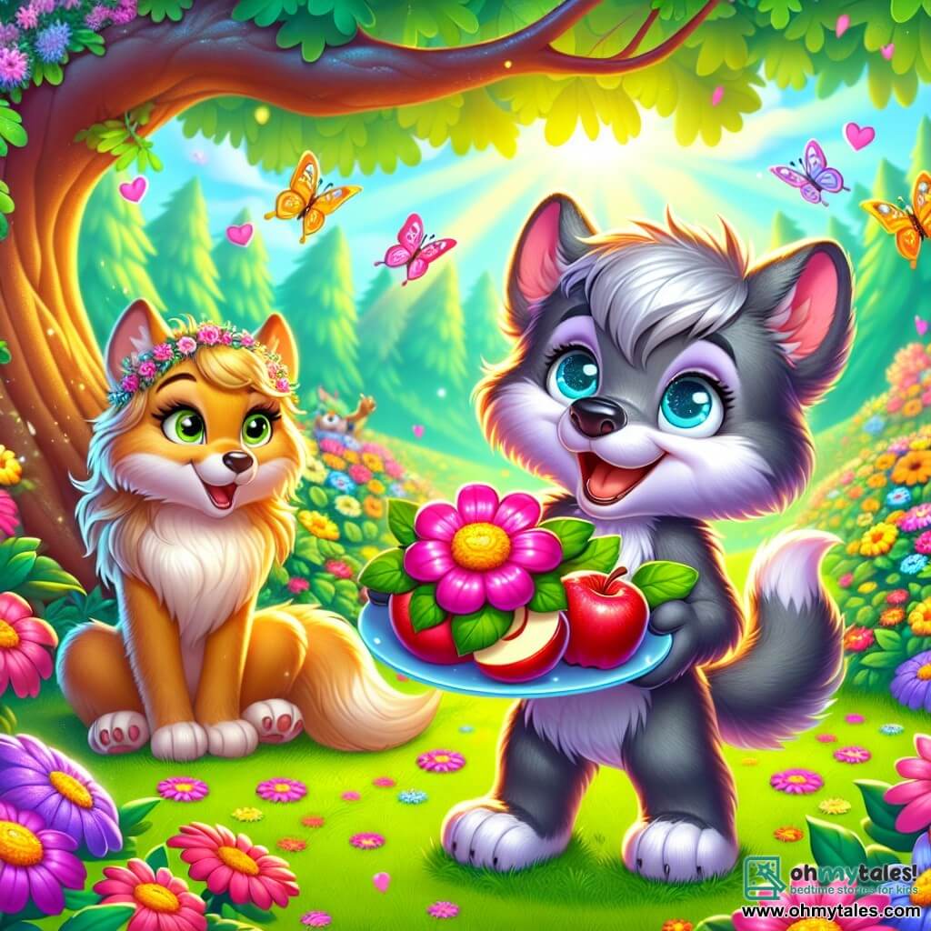 Wally, a little wolf with sparkling blue eyes and soft gray fur, stands under a large oak tree, a wide smile lighting up his joyful face. He holds a plate decorated with shiny apple slices and a beautiful pink flower in the center, showing his pride and excitement. Next to him, Mommy Wolf, a golden-brown she-wolf with gentle eyes, looks at Wally in wonder, her heart overflowing with love. She sits on the green grass, surrounded by colorful flowers, her expression filled with tenderness and joy. The setting is a sunny garden, filled with vibrant flowers, butterflies dancing in the air, and sunlight filtering through the oak leaves. The main scene shows Wally proudly presenting a surprise breakfast to his mom, creating a magical and warm moment celebrating Mother's Day.