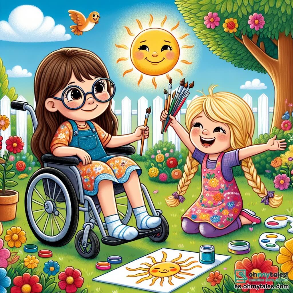 Ana es una niña de 8 años, con largos cabellos castaños y gafas redondas. Está sentada en su silla de ruedas, sonriendo, en el centro de la imagen. A su lado, Clara, una niña de 7 años con trenzas rubias y un vestido colorido, levanta los brazos riendo, sosteniendo pinceles y botes de pintura. Su jardín es un lugar mágico, lleno de flores brillantes de todos los colores: rojas, amarillas y azules. Al fondo, un gran sol sonriente brilla en un cielo azul claro, y una suave brisa hace bailar las hojas de los árboles. Las dos amigas están pintando un gran sol en un papel sobre la hierba, rodeadas de sus materiales de pintura. Ana mira a Clara con alegría, y Clara le muestra orgullosamente el dibujo que acaban de crear juntas.