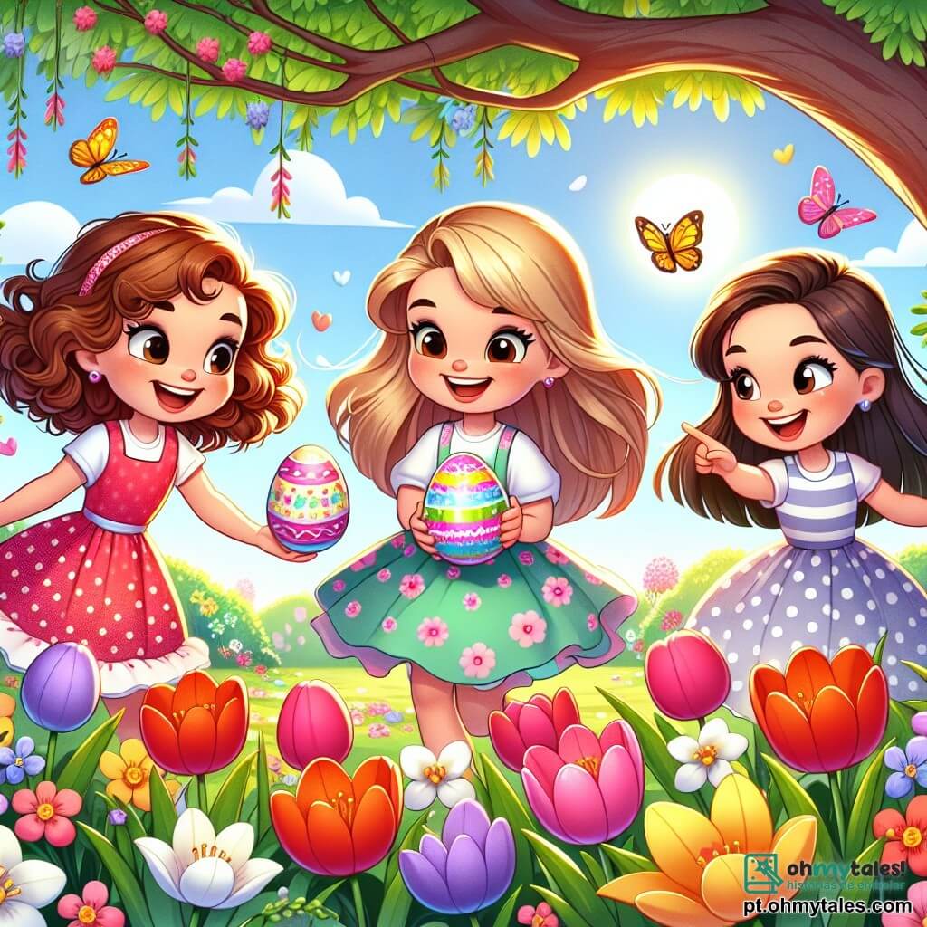 No centro da imagem, três meninas felizes, Ana, Luísa e Clara, estão reunidas em um jardim colorido. Ana, uma menina de oito anos com cabelos cacheados e um grande sorriso, segura um ovo de Páscoa brilhante nas mãos. À sua esquerda, Luísa, também de oito anos, tem cabelos loiros trançados e usa um vestido rosa de bolinhas. Ela olha para o ovo com olhos brilhantes de excitação. À direita, Clara, uma menina de cabelos castanhos lisos e vestindo um vestido azul, aponta para uma linda flor que dança ao vento, como se tivesse encontrado um tesouro. O jardim está cheio de flores coloridas, como tulipas vermelhas, narcisos amarelos e violetas, todas vibrantes sob o suave sol de Páscoa. Ao fundo, uma grande árvore com ramos estendidos abriga borboletas que voam alegremente ao redor das meninas. A cena principal mostra as três amigas em uma caça aos ovos de Páscoa, descobrindo ovos escondidos entre as flores, com risadas e sorrisos radiantes, simbolizando a amizade e a magia deste dia festivo.