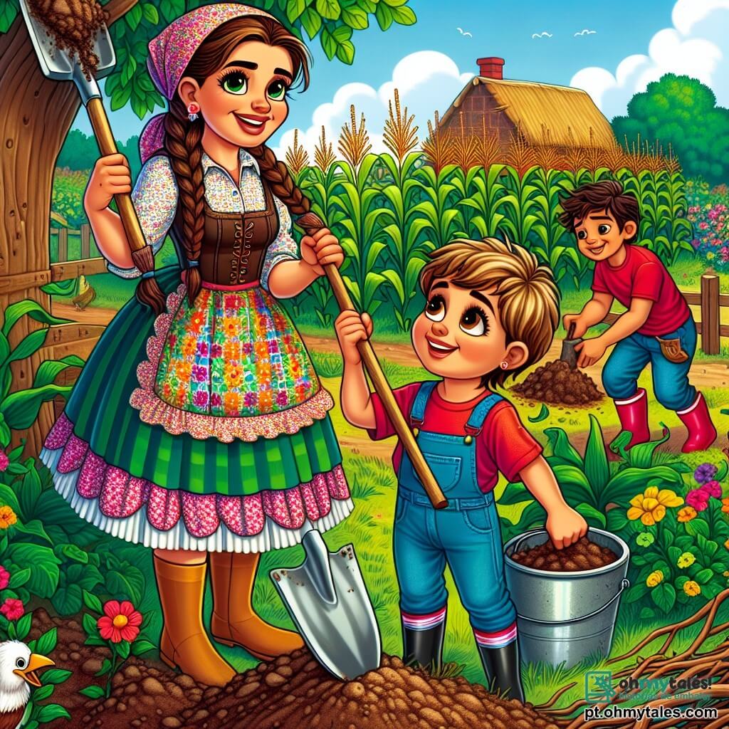 Dona Maria é uma mulher de cerca de quarenta anos, sorridente e cheia de vida, com longos cabelos castanhos presos em um coque. Ela usa uma blusa xadrez colorida e uma calça jeans, segurando uma pá nas mãos enquanto constrói uma barreira de terra para proteger suas plantas da chuva. Seu rosto expressa determinação e alegria por trabalhar em sua fazenda. Ao seu lado, Ana, uma menina de cerca de 8 anos, com cabelos loiros trançados e um grande sorriso, ajuda Dona Maria segurando um balde de terra. Ela usa um vestido florido e botas de borracha, admirando Dona Maria. Pedro, um garoto de 9 anos, com cabelos castanhos bagunçados e uma camiseta vermelha, está ocupado recolhendo galhos caídos devido à tempestade. Ele está um pouco mais longe, mas lança olhares entusiasmados para Dona Maria e Ana, pronto para ajudar. A cena ocorre em uma fazenda verdejante, cercada por campos de milho e flores coloridas. O céu está nublado, mas a luz do sol brilha através das nuvens, iluminando a fazenda. Animais, como galinhas e porcos, se movem alegremente ao redor. A situação principal mostra Dona Maria e as crianças trabalhando juntas para consertar os danos causados por uma forte tempestade, unindo forças para proteger a bela fazenda que tanto amam.