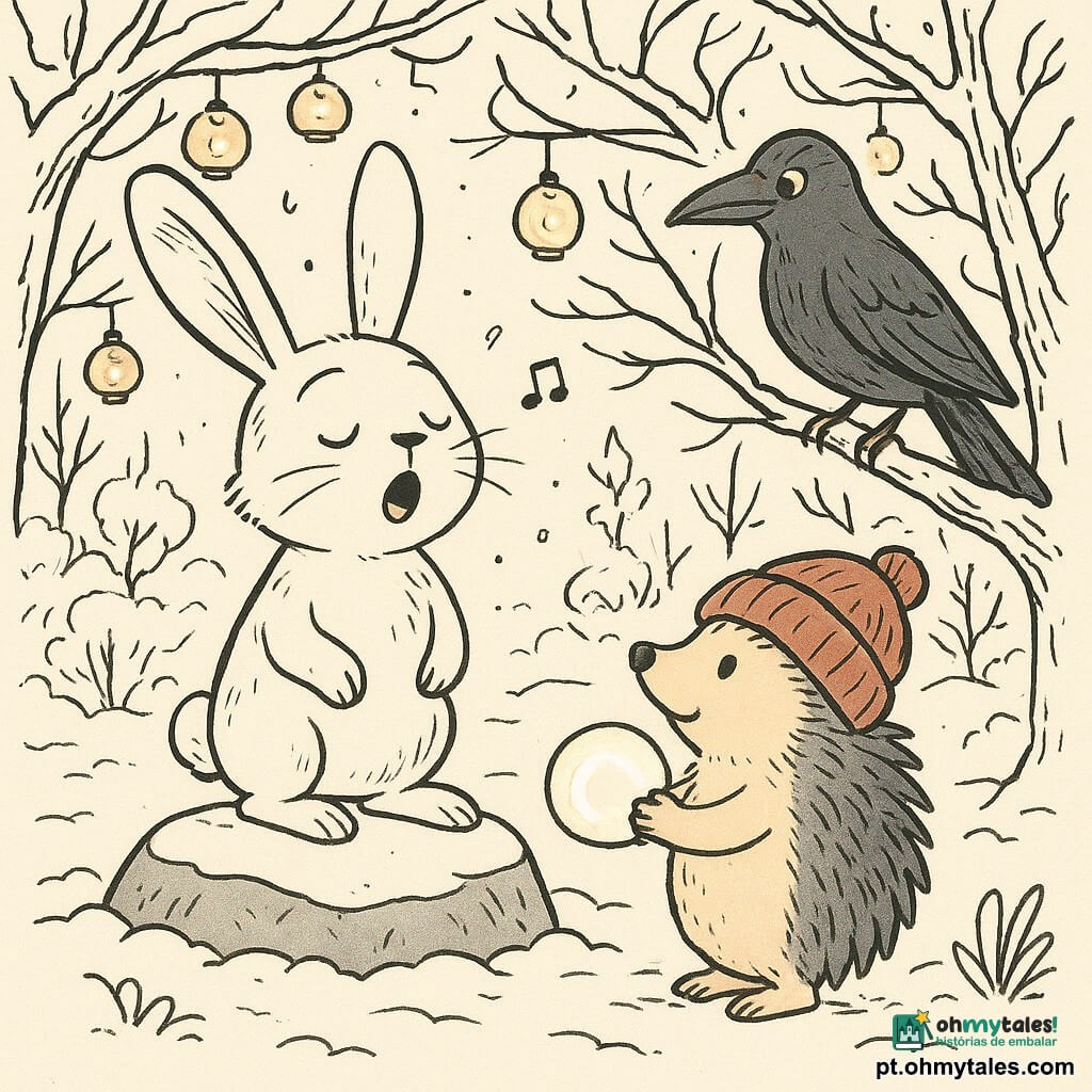 Um pequeno coelho chamado Nino, com longas orelhas curiosas e pelagem fofa, canta suavemente com uma expressão de concentração gentil. Ao lado dele, uma gralha chamada Lira, empoleirada em um galho, observa com olhos sábios e benevolentes. Um ouriço chamado Pisco, com um gorro vermelho cobrindo seus pequenos olhos, segura uma bola de neve luminosa e olha para Nino com admiração. A cena acontece em uma clareira nevada, cercada por árvores com galhos carregados de lanternas cintilantes. A luz suave das lanternas se reflete na neve, criando uma atmosfera acolhedora e mágica. Nino está de pé sobre uma pedra lisa no centro da clareira, cercado por animais da floresta que escutam atentamente, formando um círculo amigável ao seu redor.